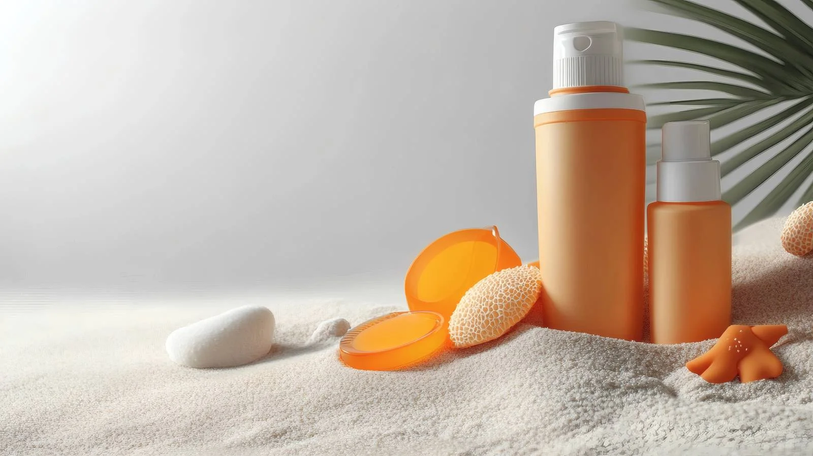 Sunblock products on beach sand, white background — free download from Dotvec