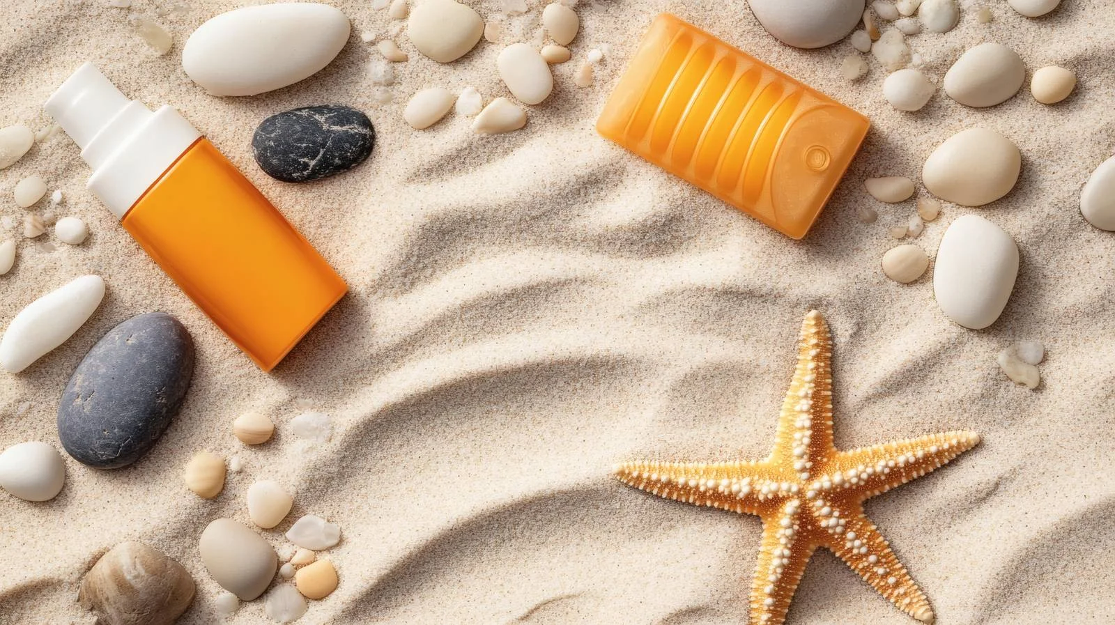 Sandy beach with sunblock and starfish – free pebbles image from Dotvec