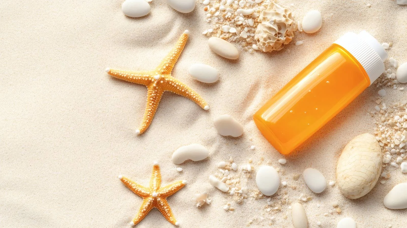 Seashore essentials: Sunblock, starfish, pebbles – free pebbles image from Dotvec