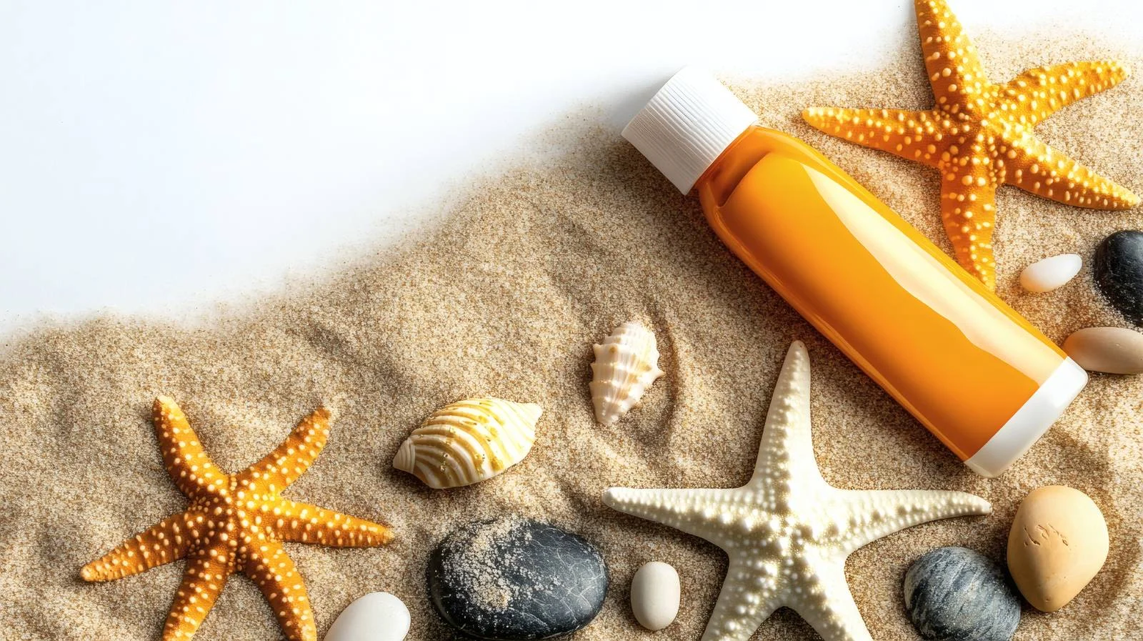 Sunblock and Starfish by Pebbles on Isolated Beach – free pebbles image from Dotvec
