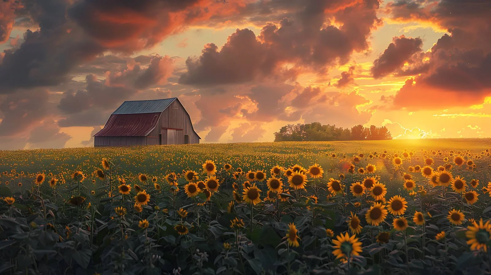 Majestic Sunflower Field and Barn At Sunset — free download from Dotvec