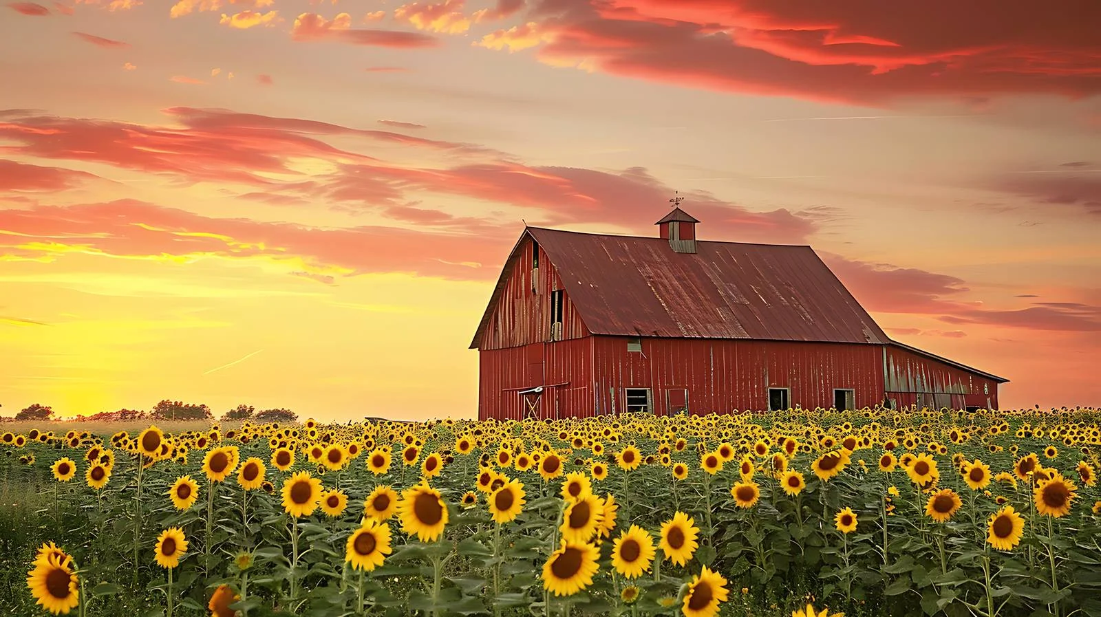 Golden sunflower field and rustic barn under dramatic sunset sky — free download from Dotvec