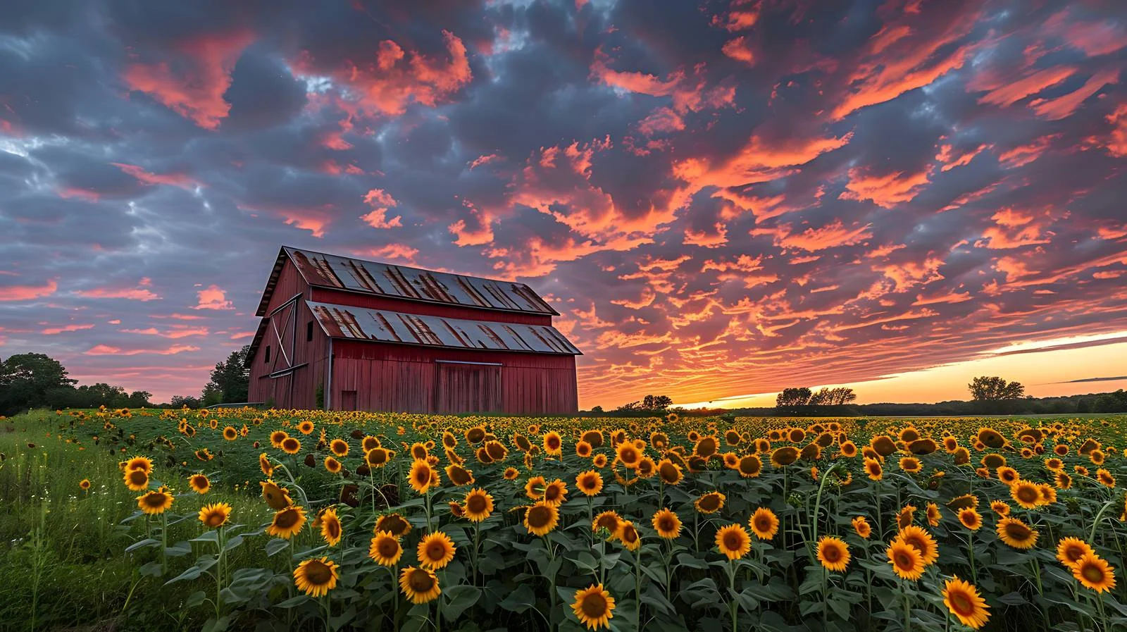 Golden Sunflower Field and Rustic Barn at Dusk — free download from Dotvec