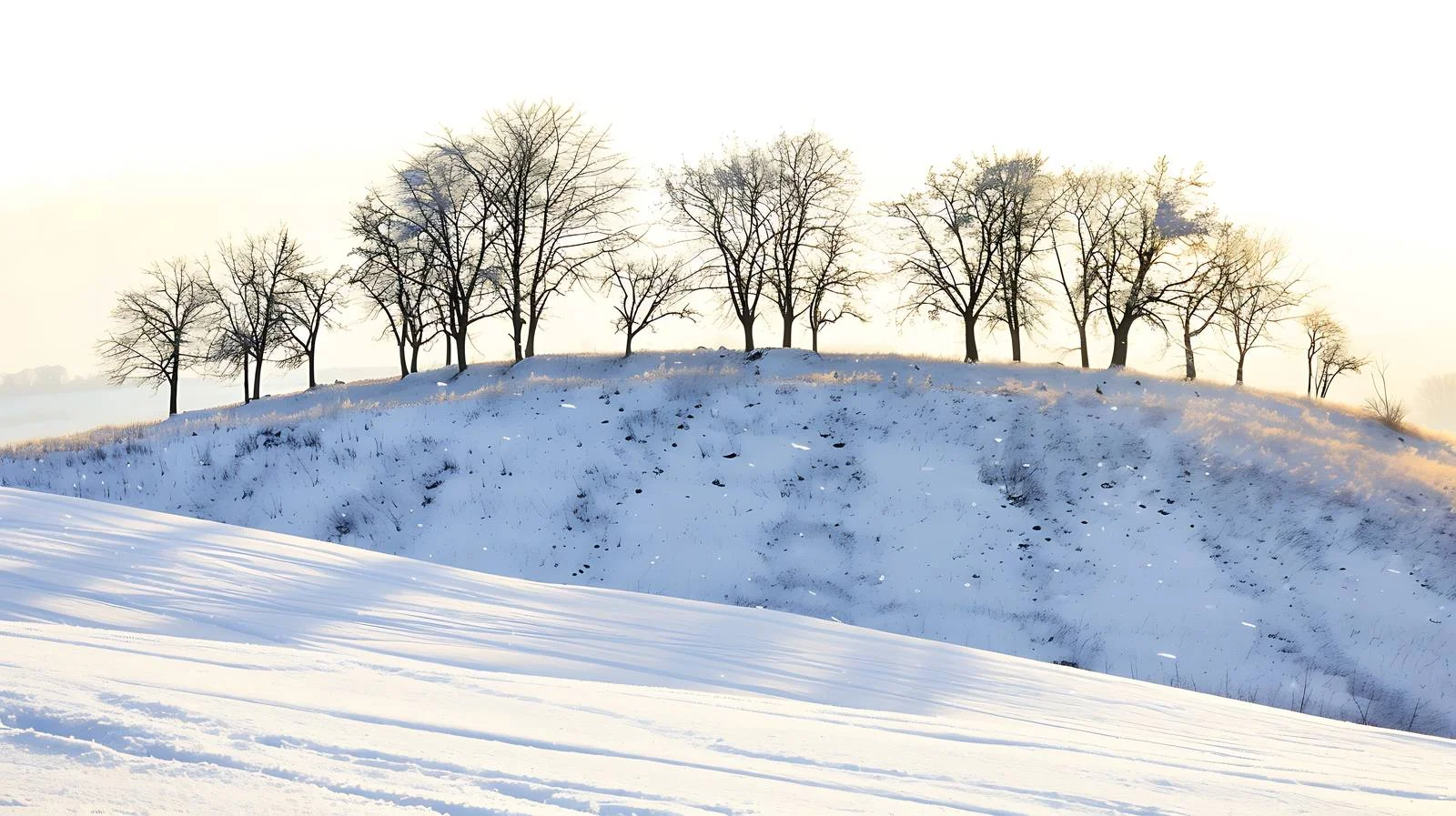 Snow-covered hillside with isolated trees under sun — free download from Dotvec