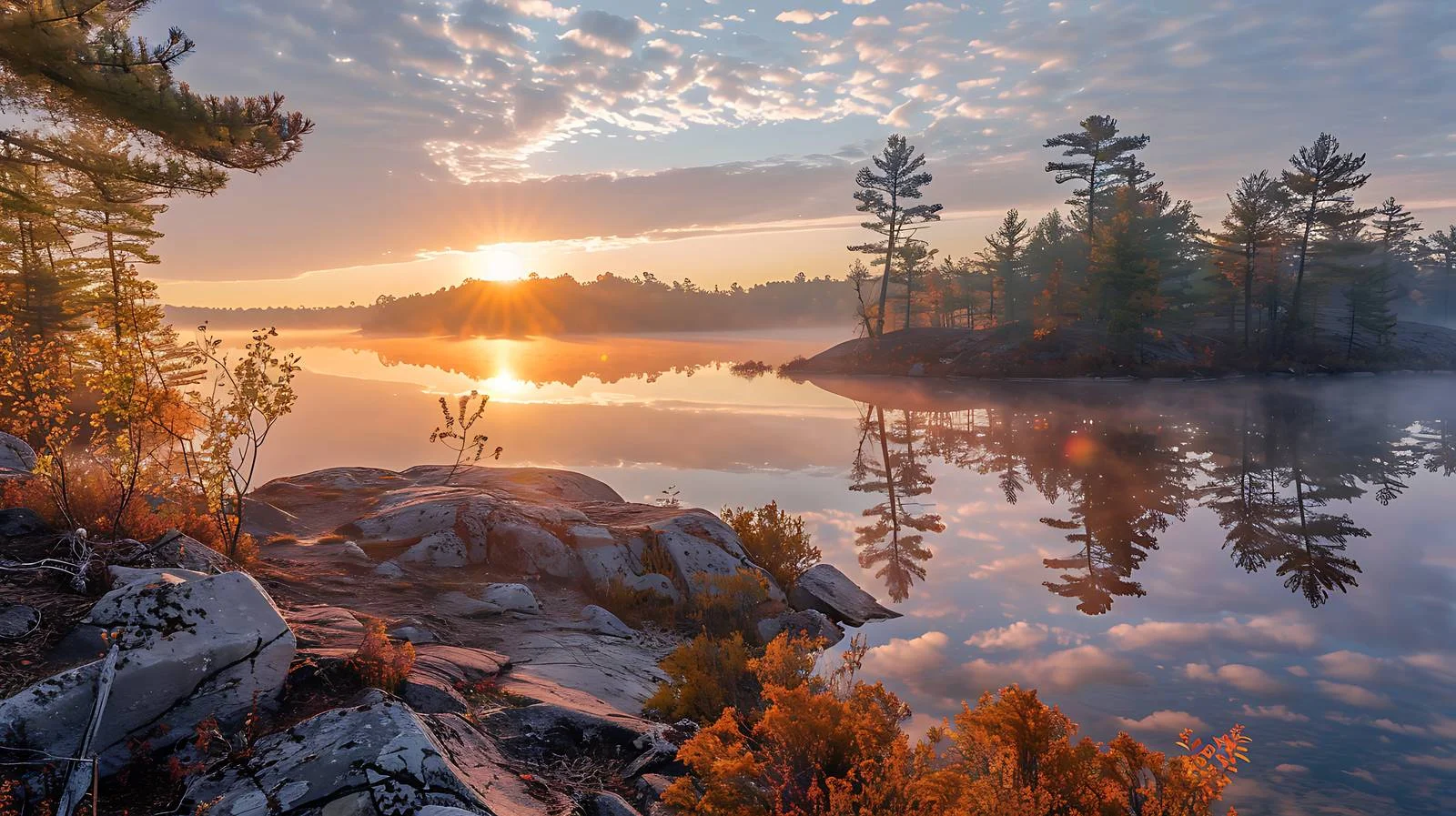 Majestic Sunrise Over Rocks Among Pines — free download from Dotvec