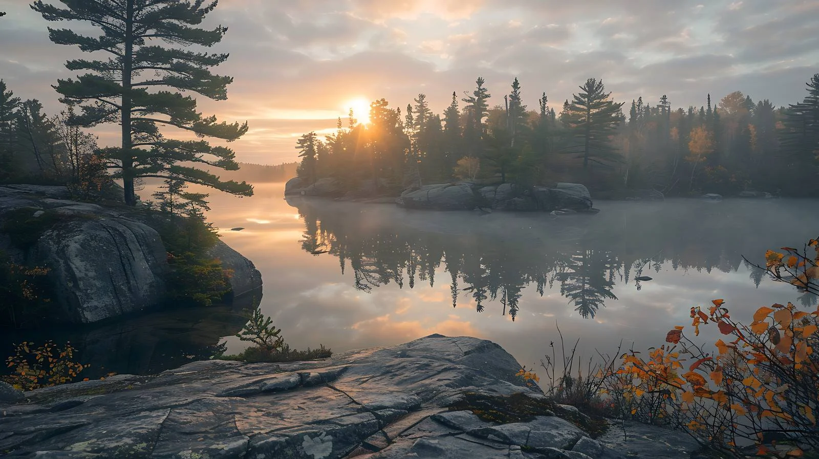 Majestic Sunrise Behind Boundary Waters Rocks — free download from Dotvec