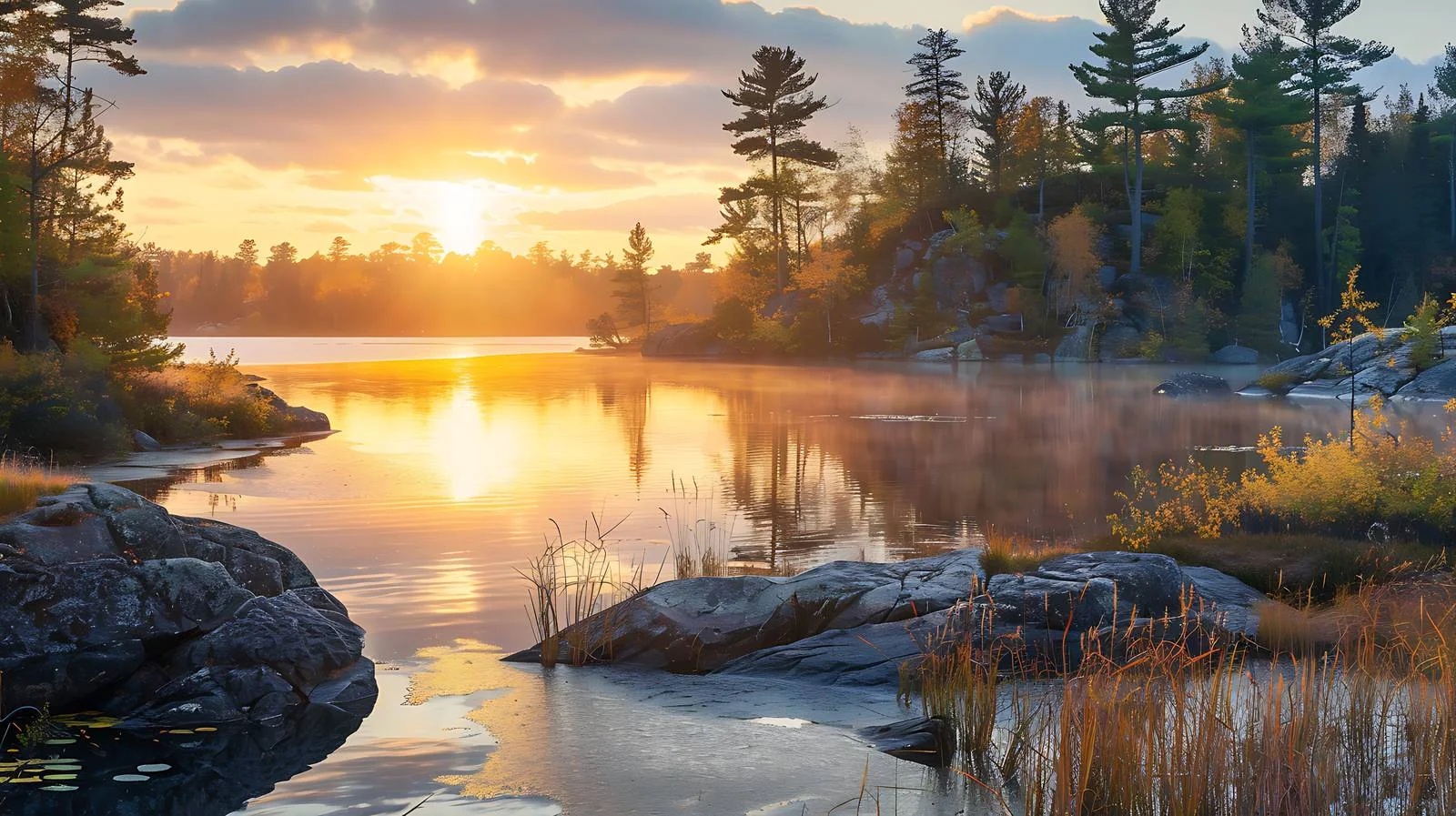 Majestic Sunrise over Rocks and Pines — free download from Dotvec