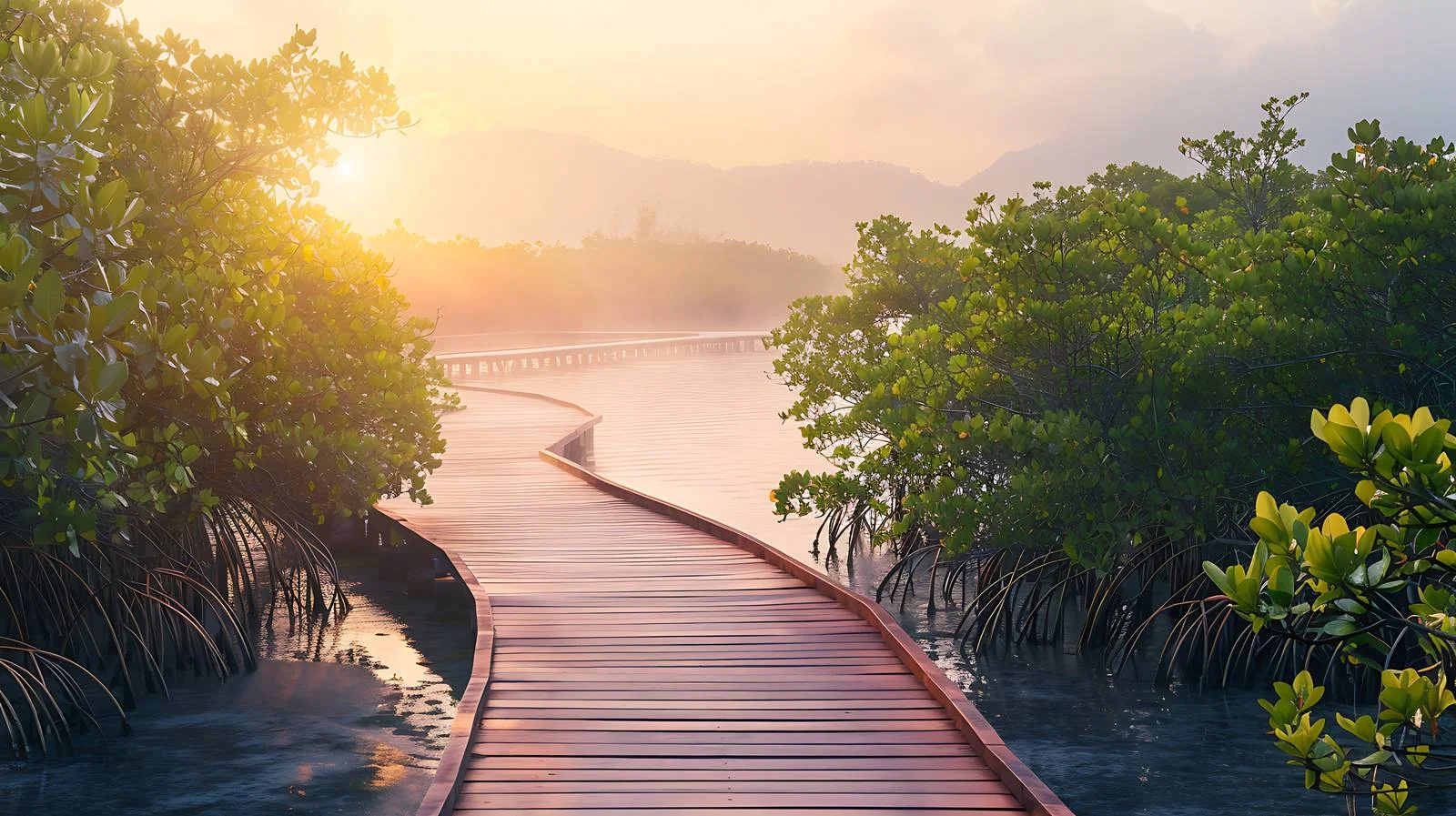 Tranquil Dawn on Shuidong Bay Boardwalk — free download from Dotvec