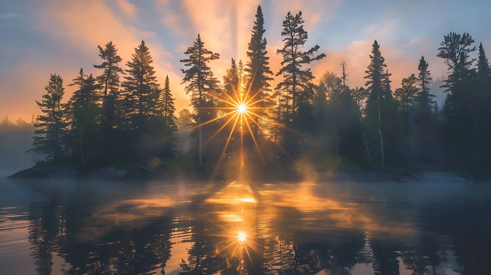 Majestic sunrise through fog-kissed pine trees — free download from Dotvec