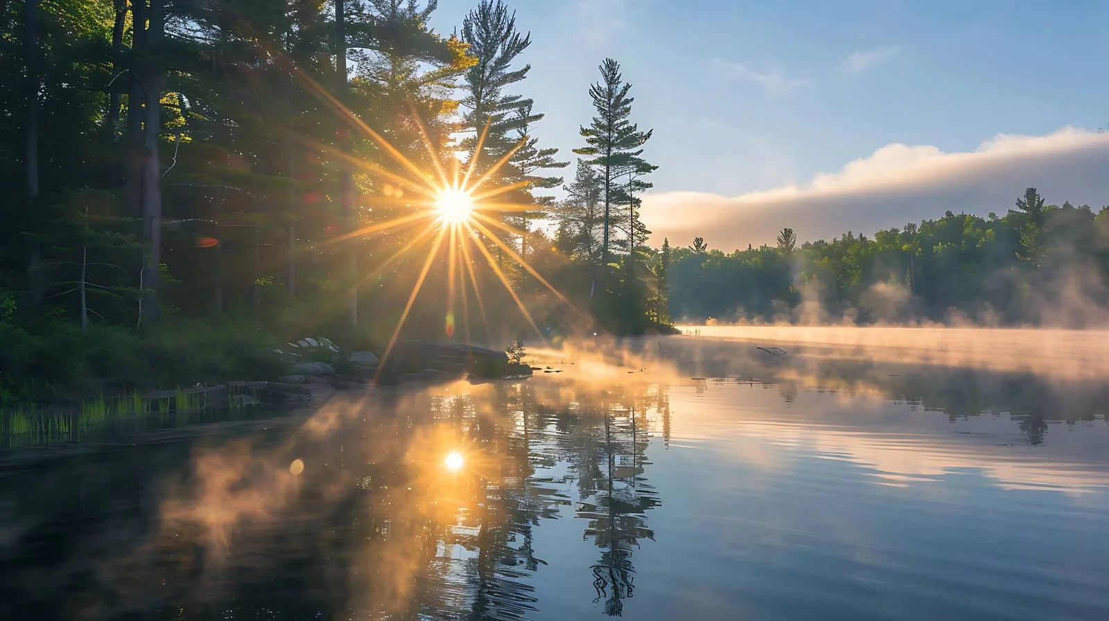 Serene sunrise peeking through pine trees — free download from Dotvec