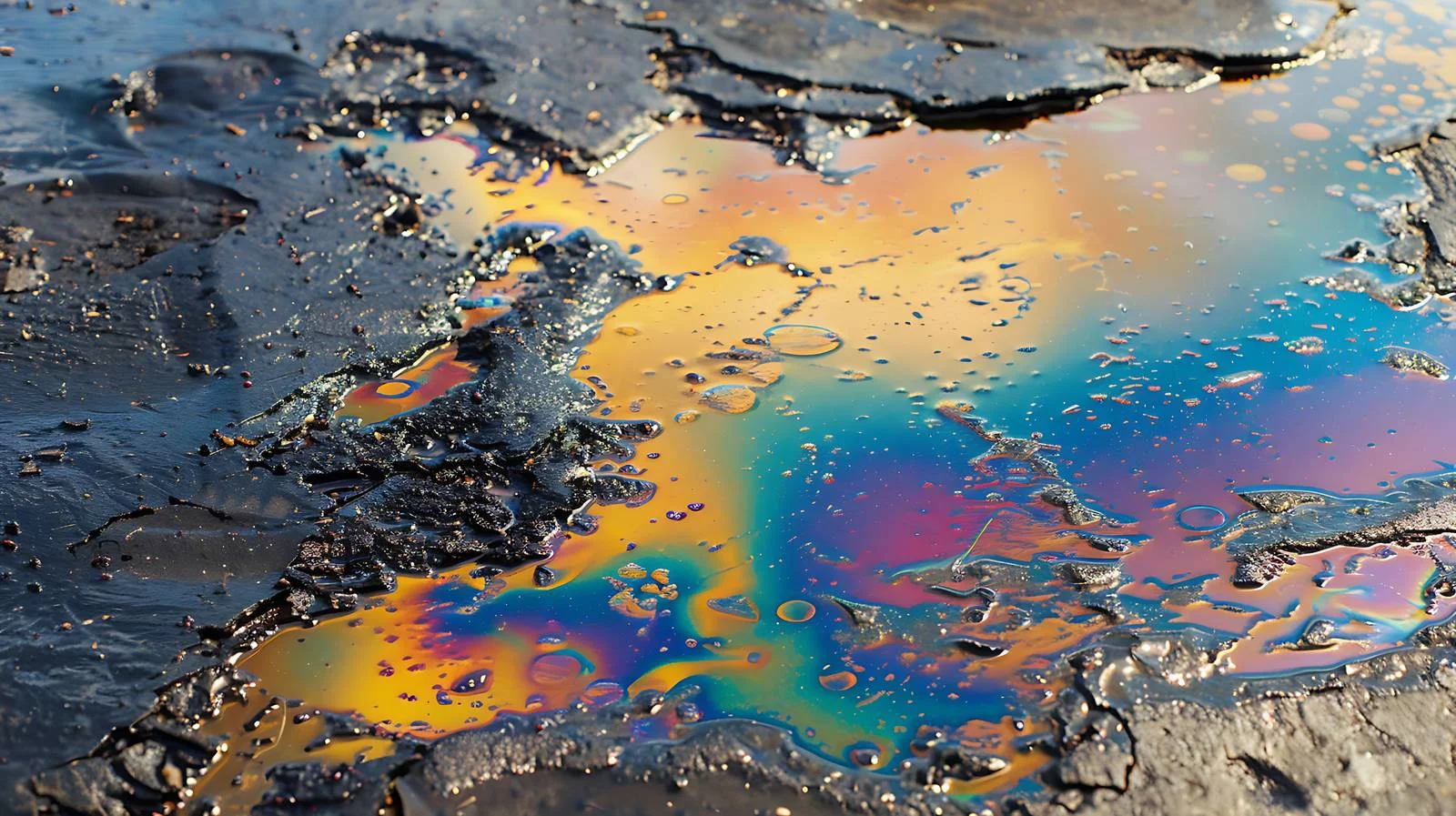 Vibrant fuel spill patterns on wet pavement — free download from Dotvec