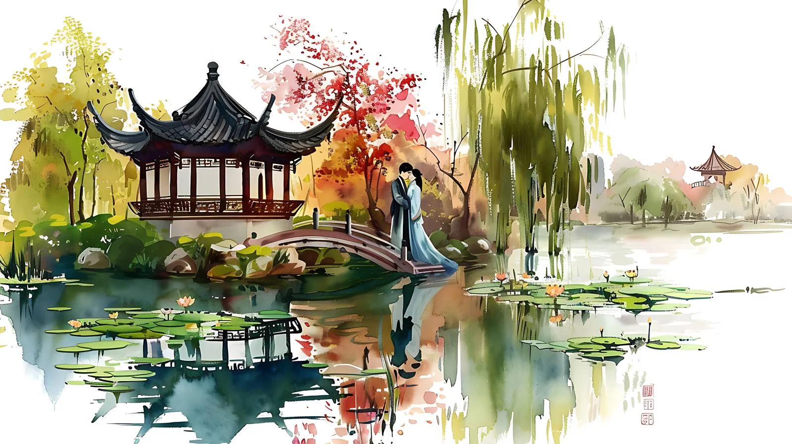 Tranquil Suzhou Garden Couple Isolated White — free download from Dotvec