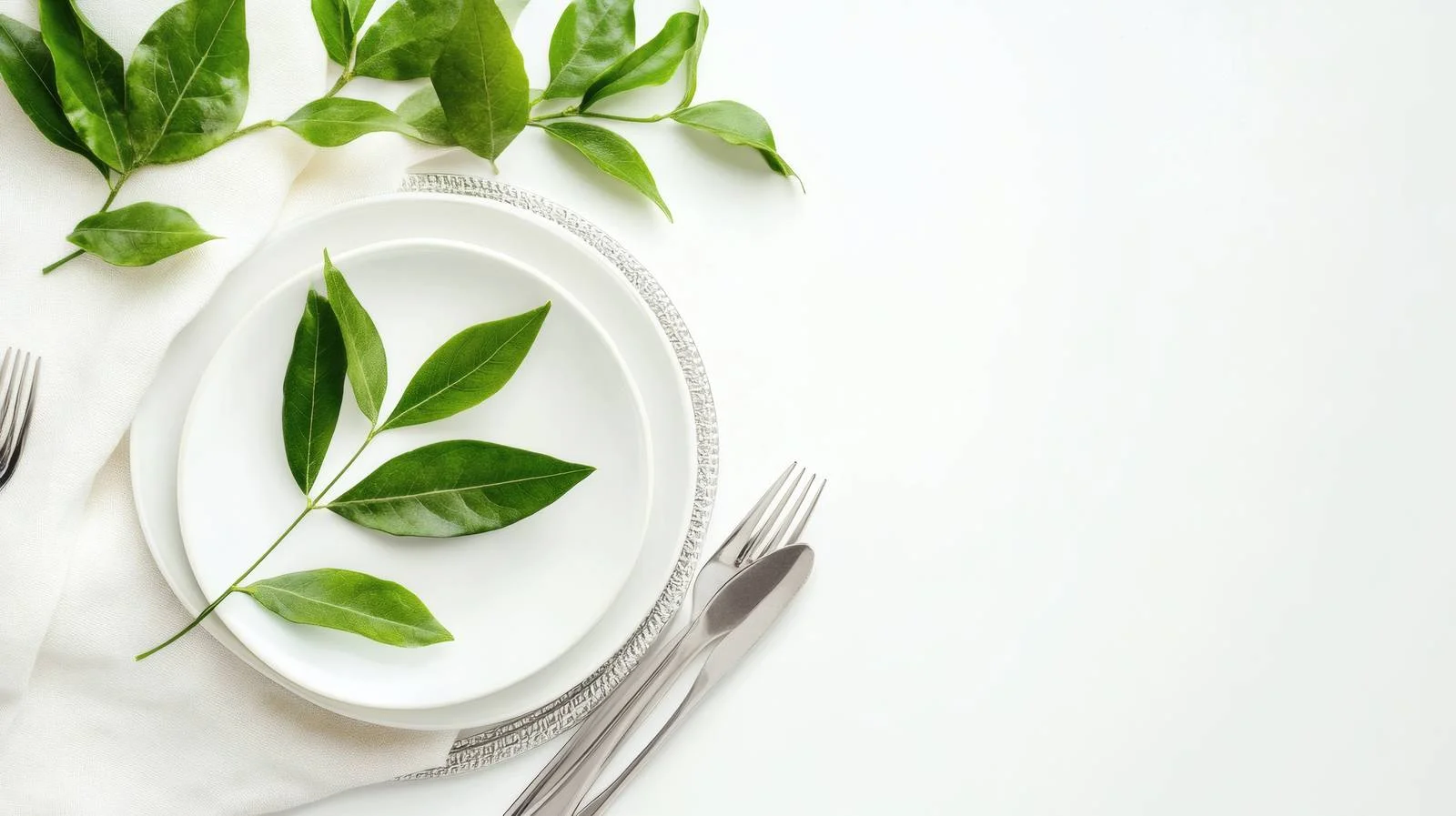 Elegant Table Setting with Green Leaf on White Background — free download from Dotvec