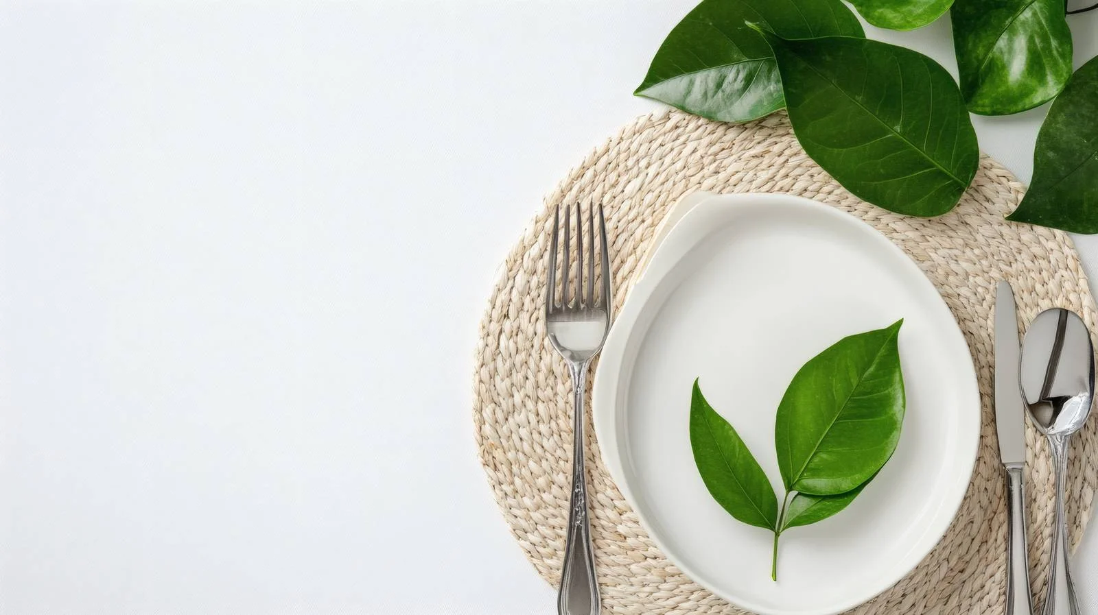 Elegant Table Setting with Green Leaves on White Background — free download from Dotvec
