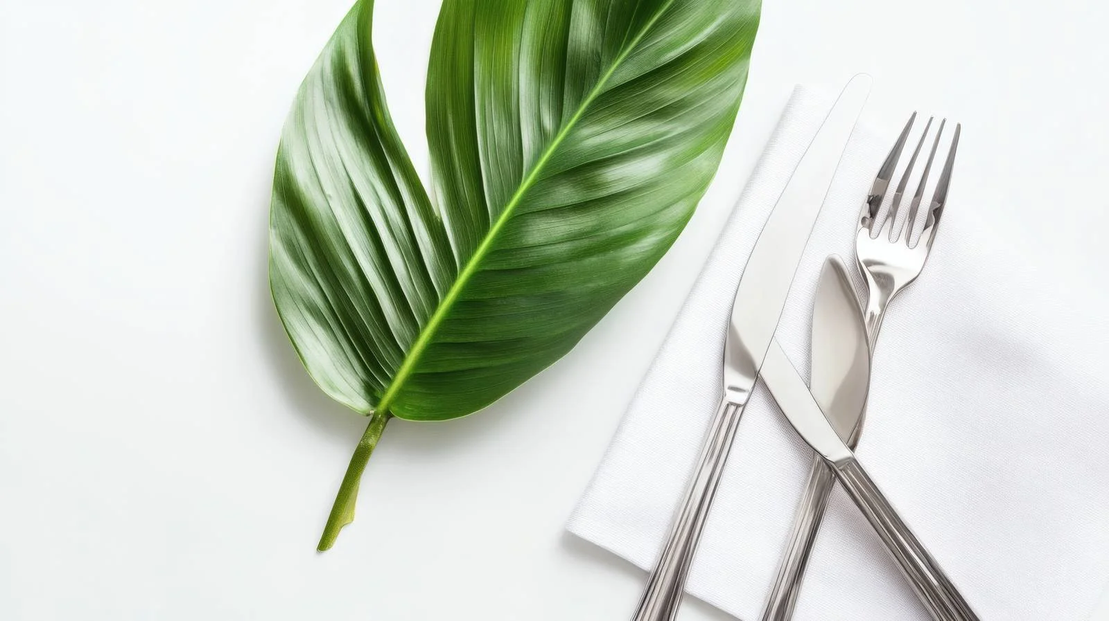 Elegant Table Setting with Green Leaf on White Background — free download from Dotvec