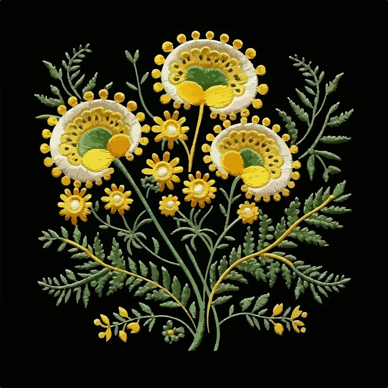 Vibrant Tansy Embroidery with Yellow & Green Threads — free download from Dotvec