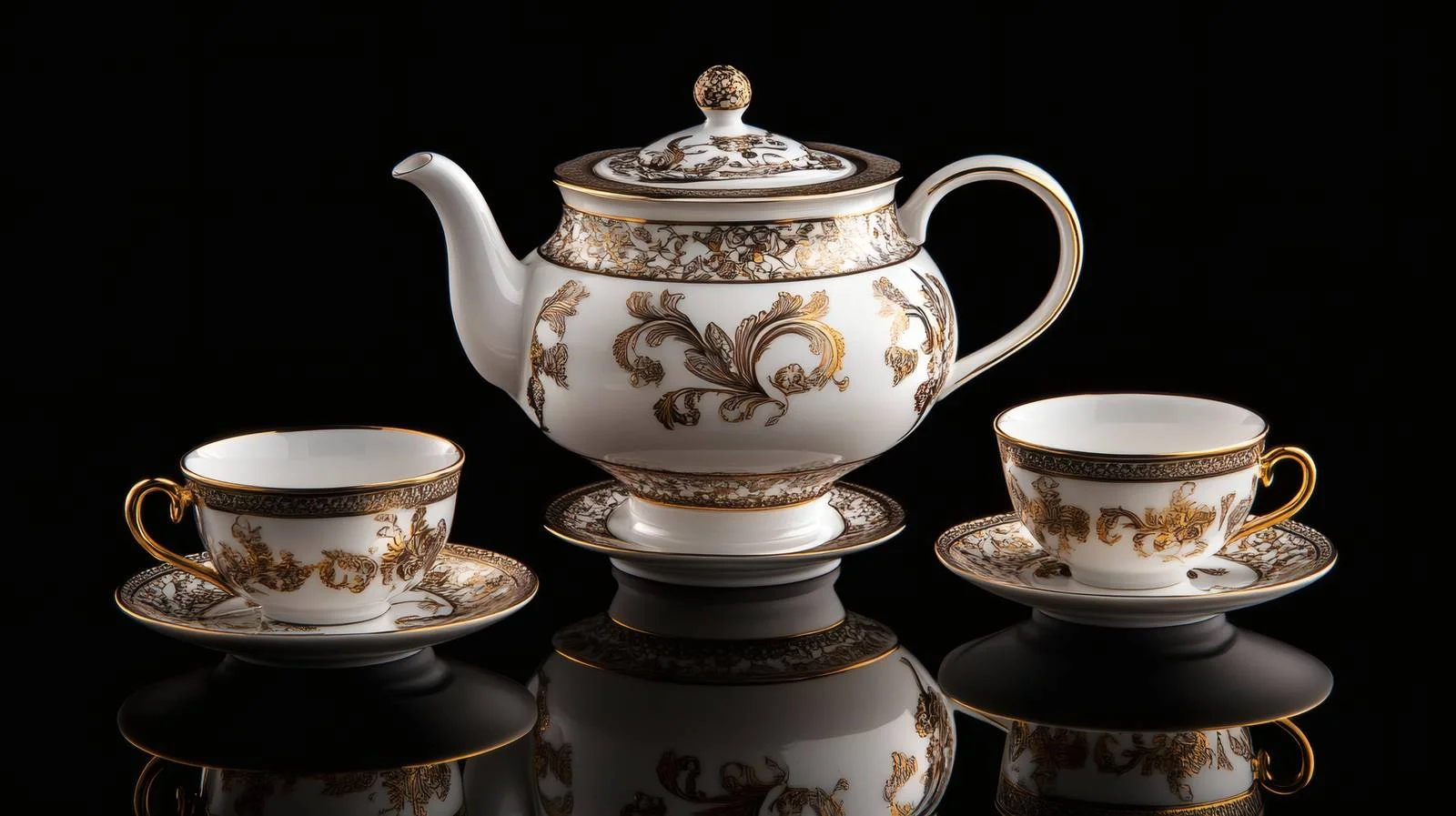Elegant Teapot and Teacups on Black Background — free download from Dotvec