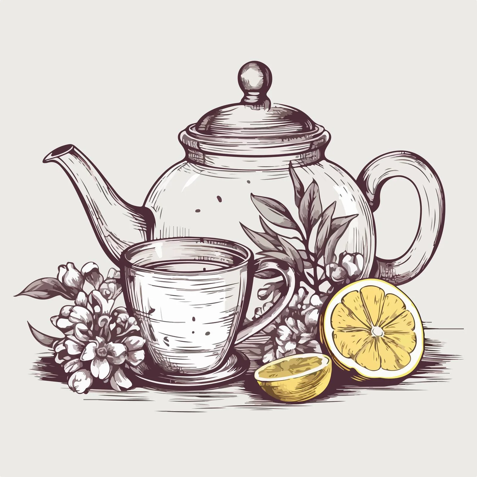 Elegant teapot with glass cup and black tea leaves — free download from Dotvec