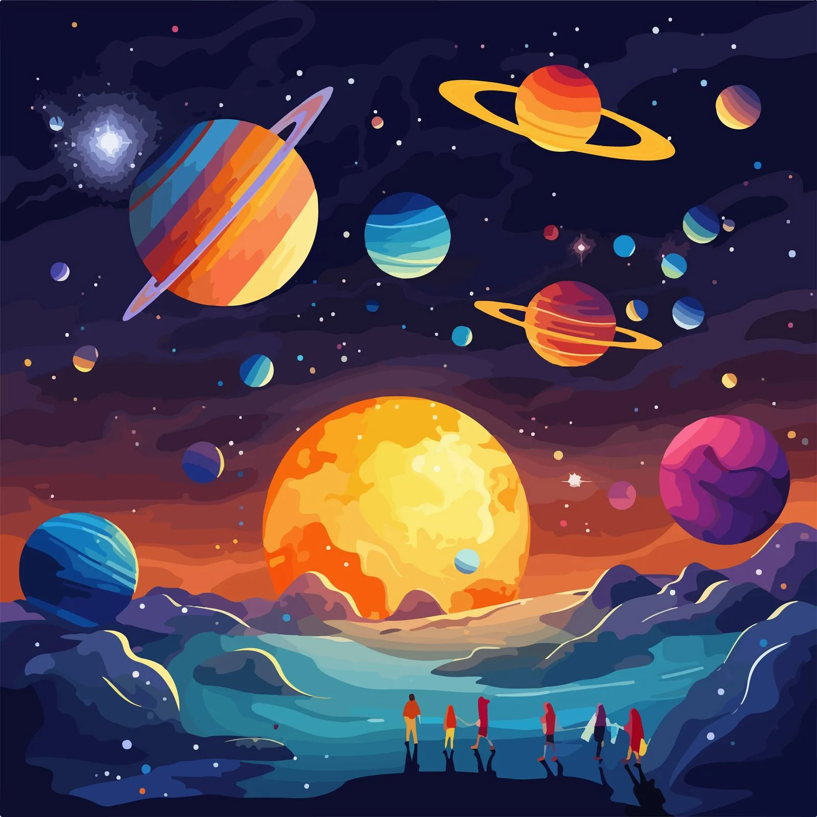 Explorers observing celestial wonders at planetarium — free download from Dotvec