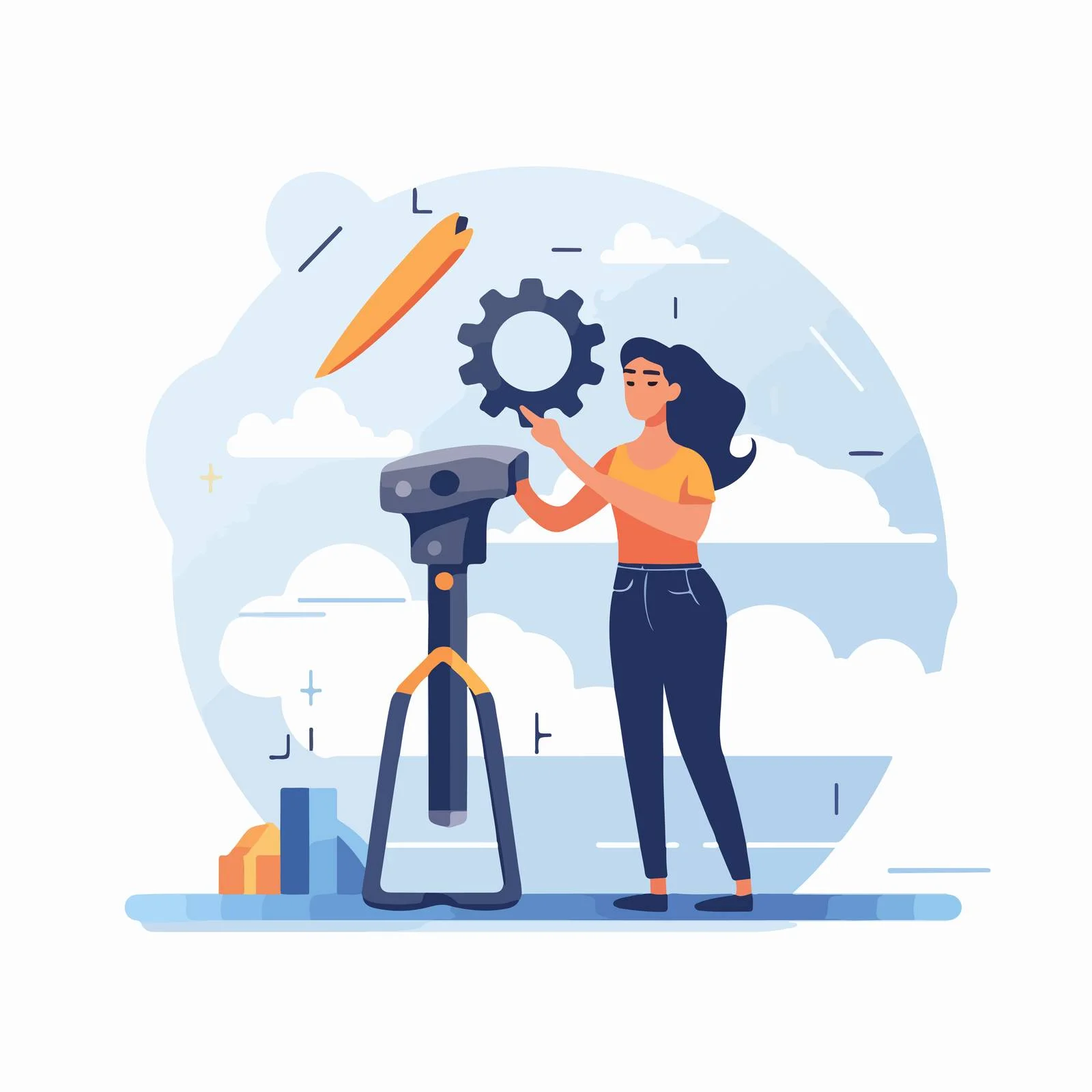 Female holding oversized wrench spanner tool — free download from Dotvec