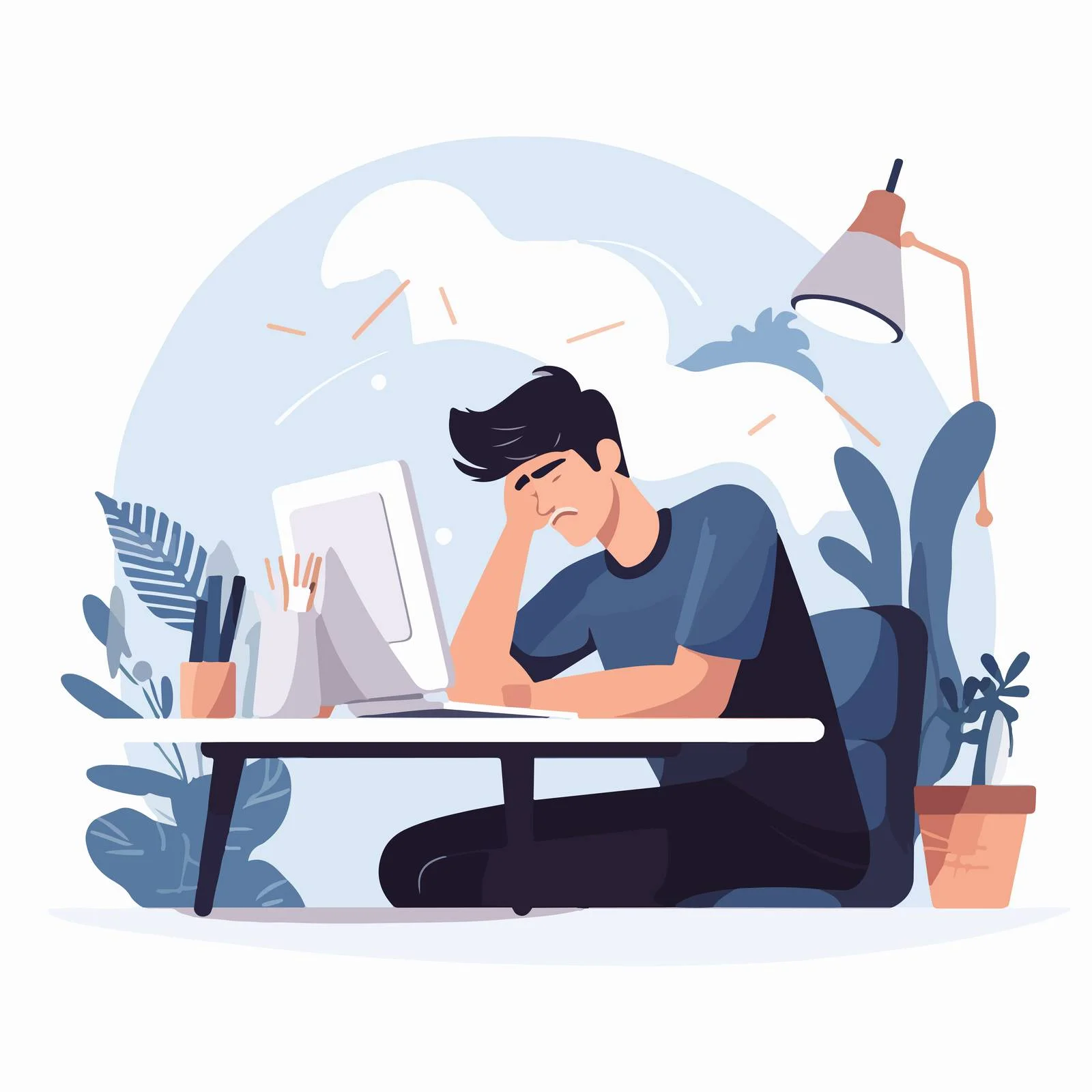 Fatigued worker overwhelmed at desk. Drained. — free download from Dotvec