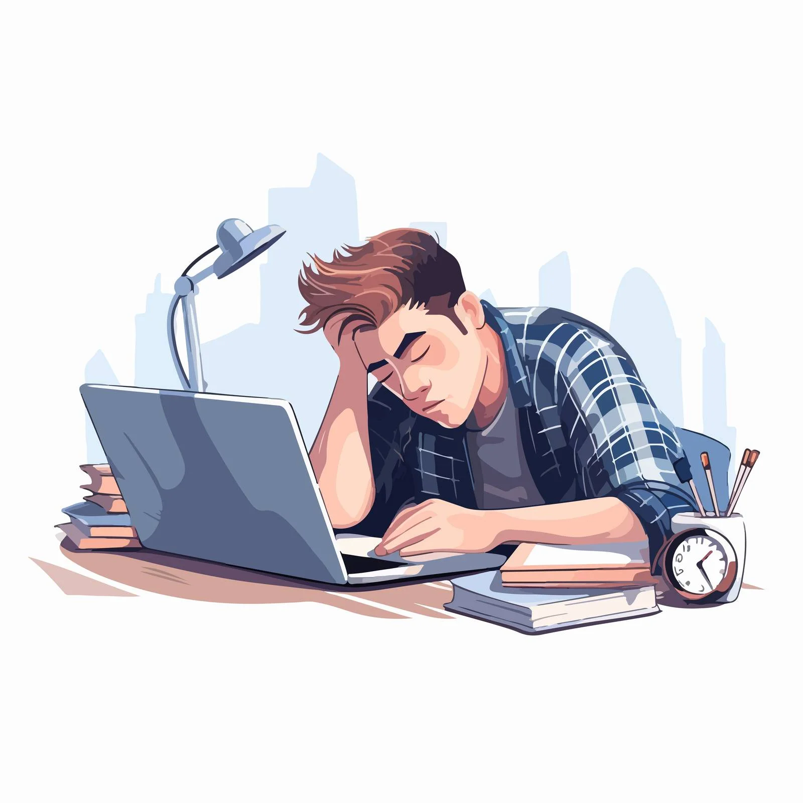 Exhausted student napping at desk with laptop — free download from Dotvec