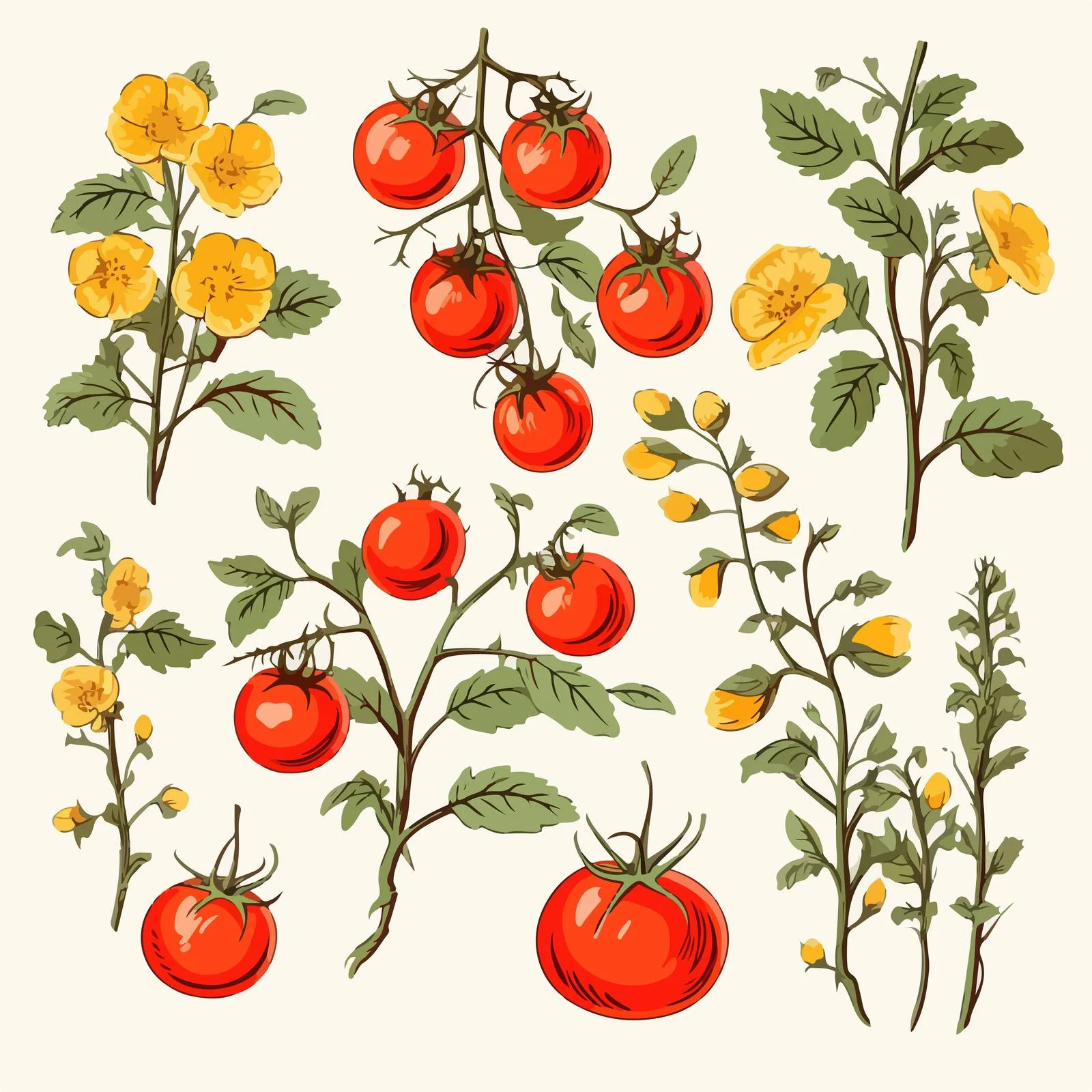 Hand-drawn Tomato Varieties with Branch and Flowers — free download from Dotvec