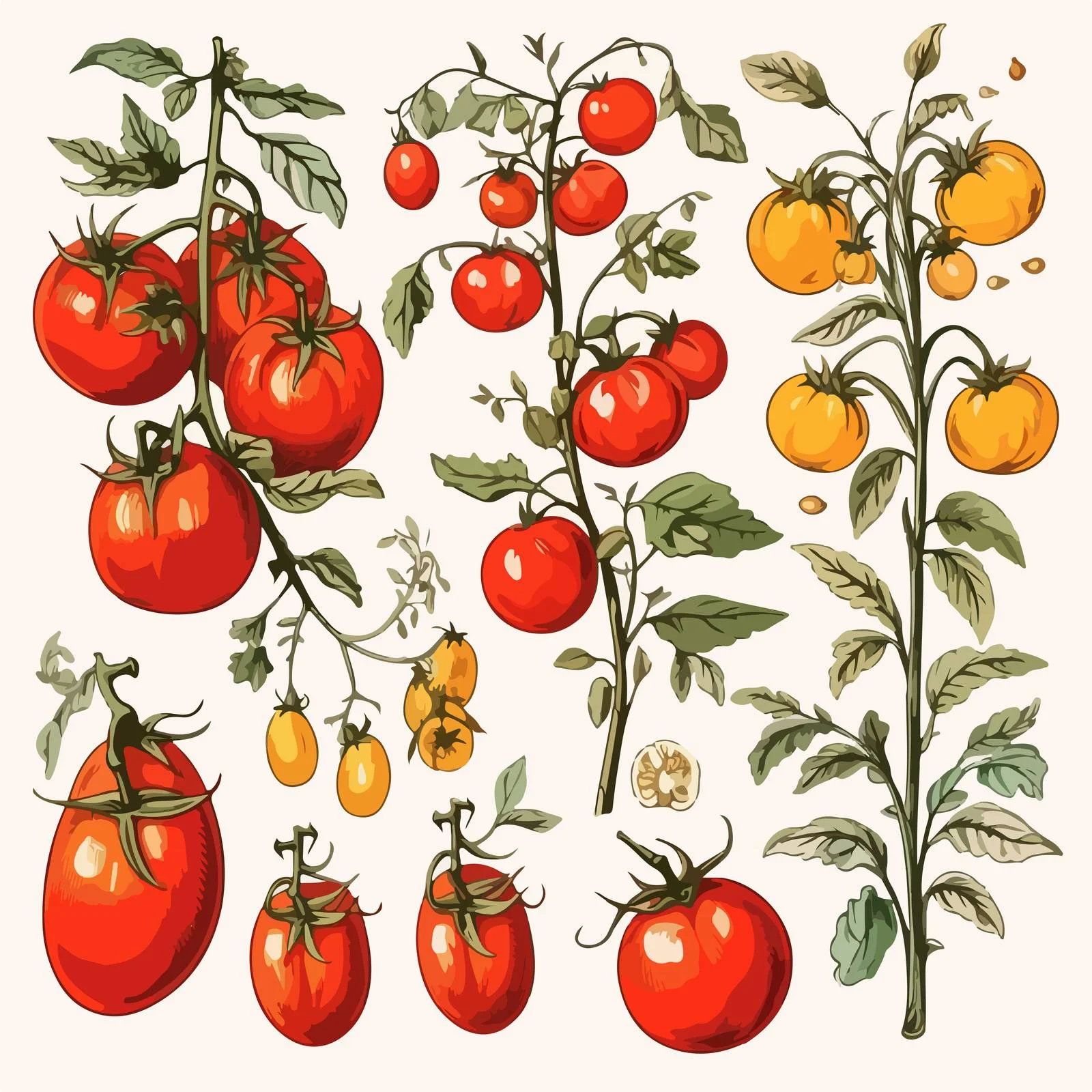 Hand-Drawn Tomato Varieties Showcase Branch Detail — free download from Dotvec