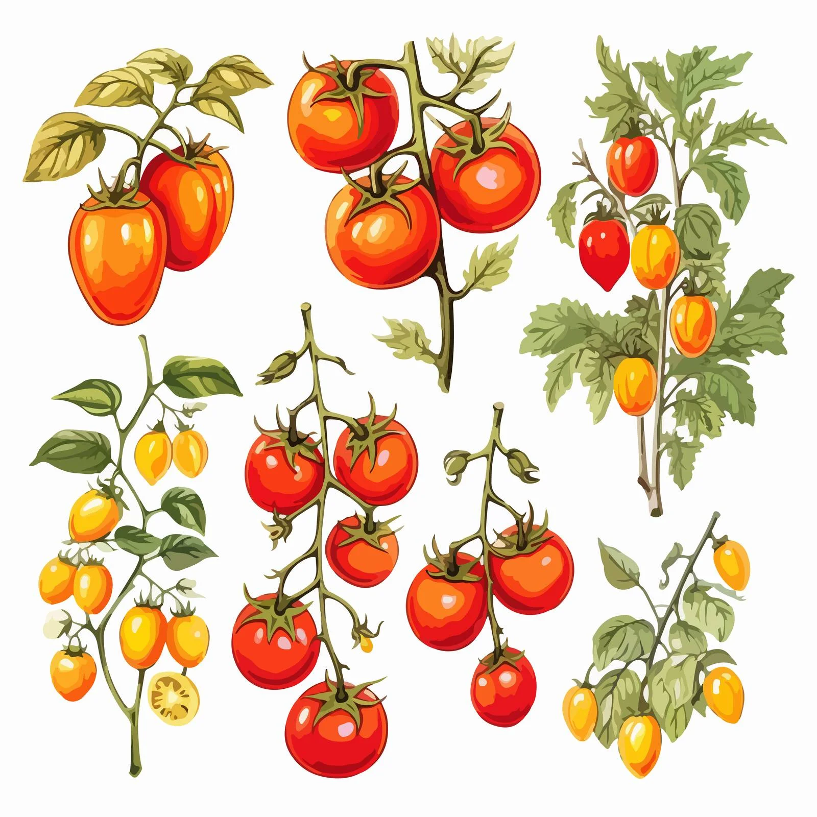 Illustrated Tomato Varieties with Branch and Flowers — free download from Dotvec