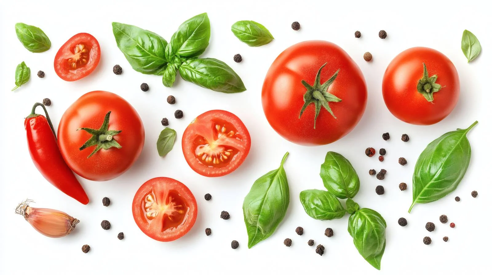 Vibrant Tomatoes and Basil Ingredients Arrangement — free download from Dotvec