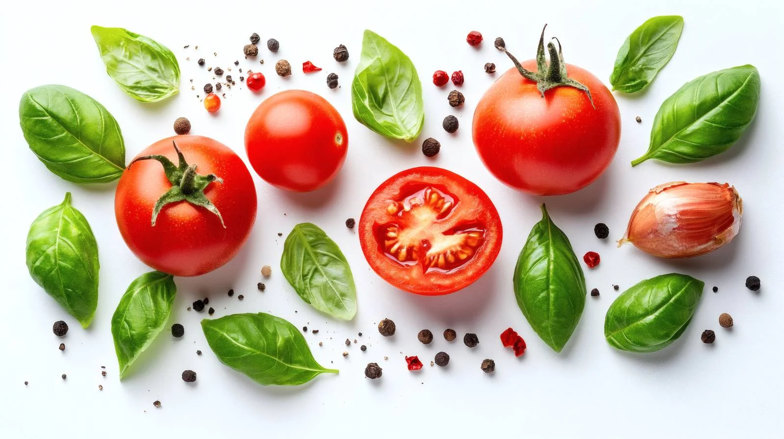 Fresh Tomatoes, Basil, and Spices on White — free download from Dotvec