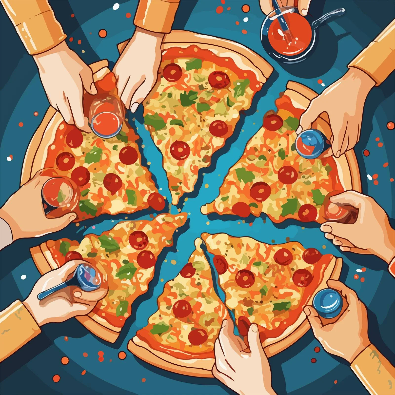 Hands picking pizza slices from table — free download from Dotvec