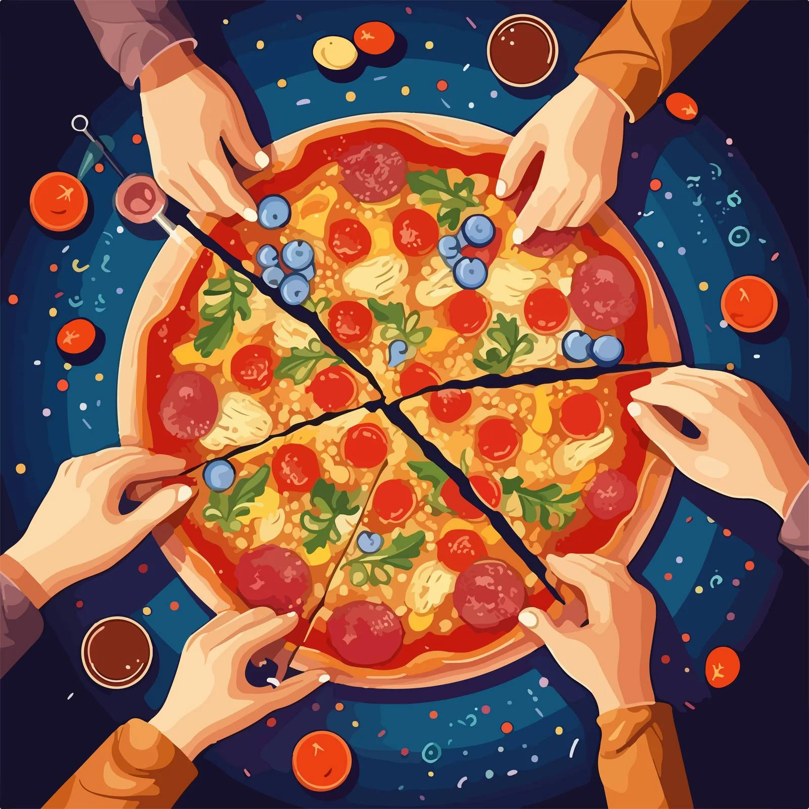 Hands taking pizza slices from table — free download from Dotvec