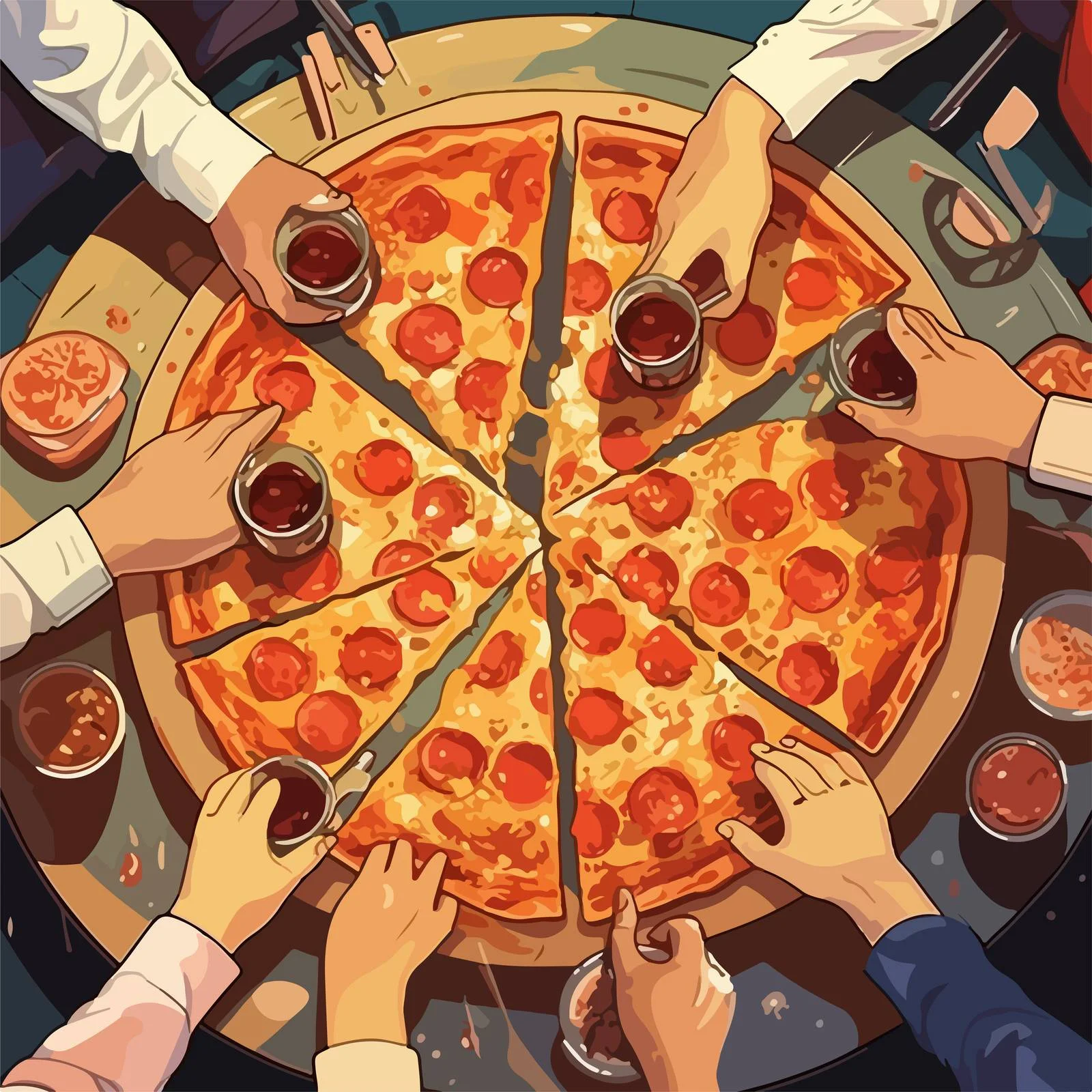 Hands picking pizza slices from table — free download from Dotvec