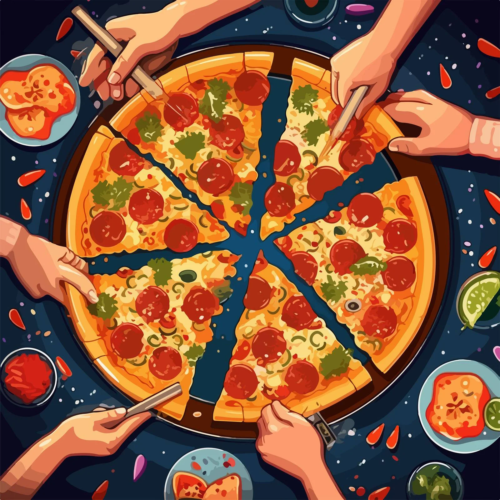Hands Grabbing Pizza Slices from Table — free download from Dotvec