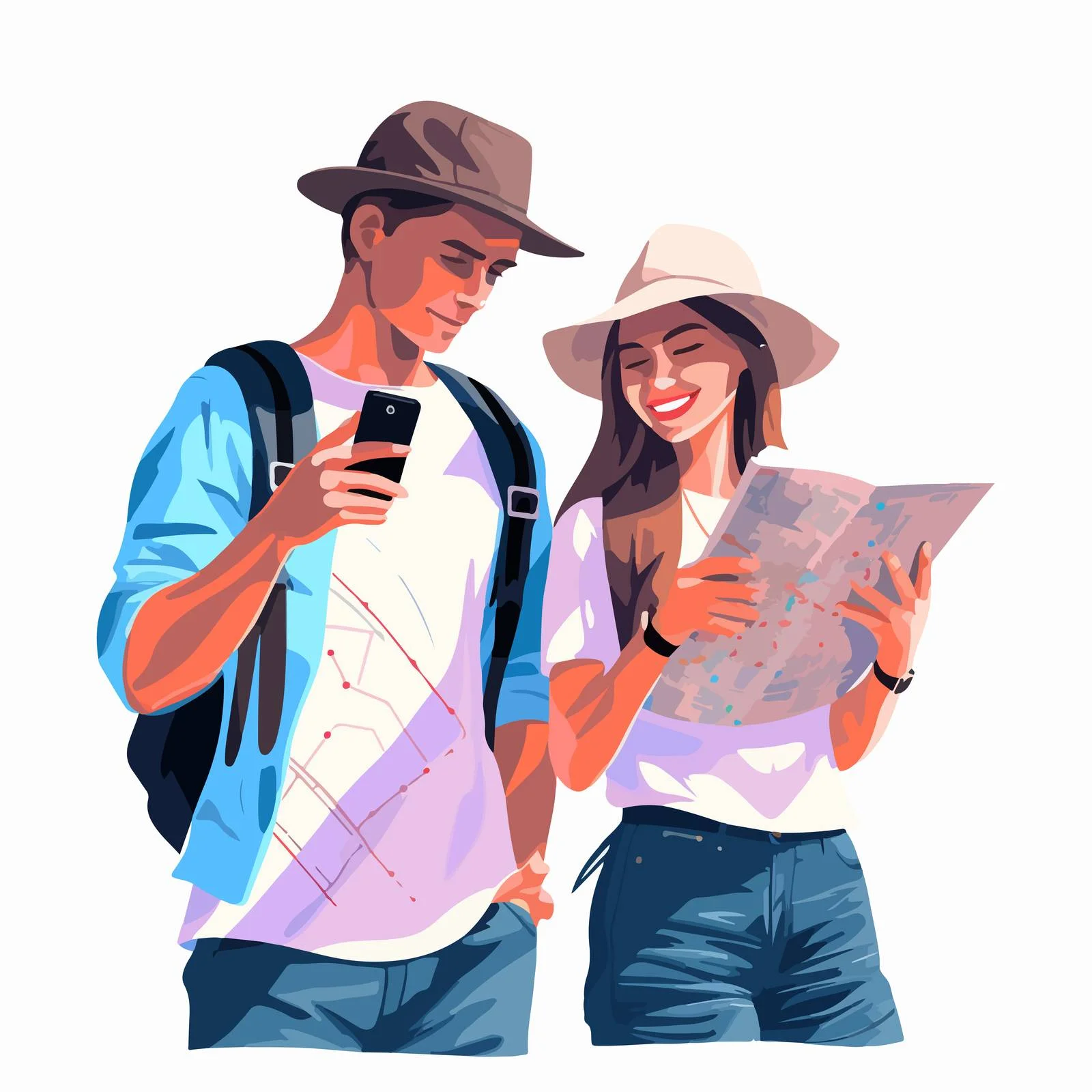 Travelers navigating with map and phone — free download from Dotvec