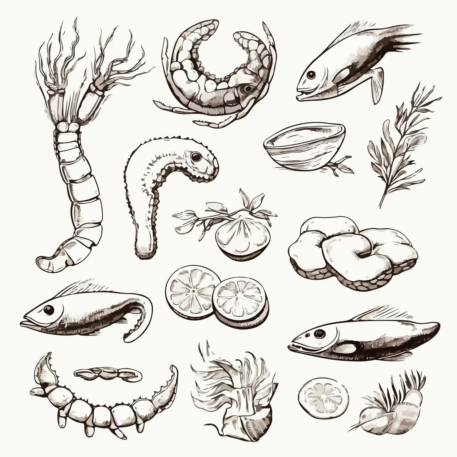 Exquisite Hand-Drawn Japanese Seafood Delicacies — free download from Dotvec