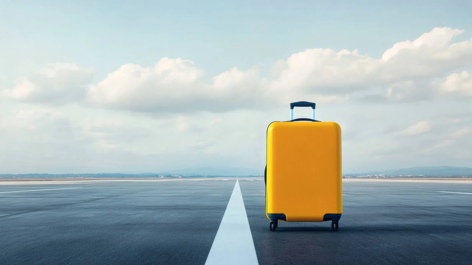 Vibrant yellow suitcase on empty runway — free download from Dotvec