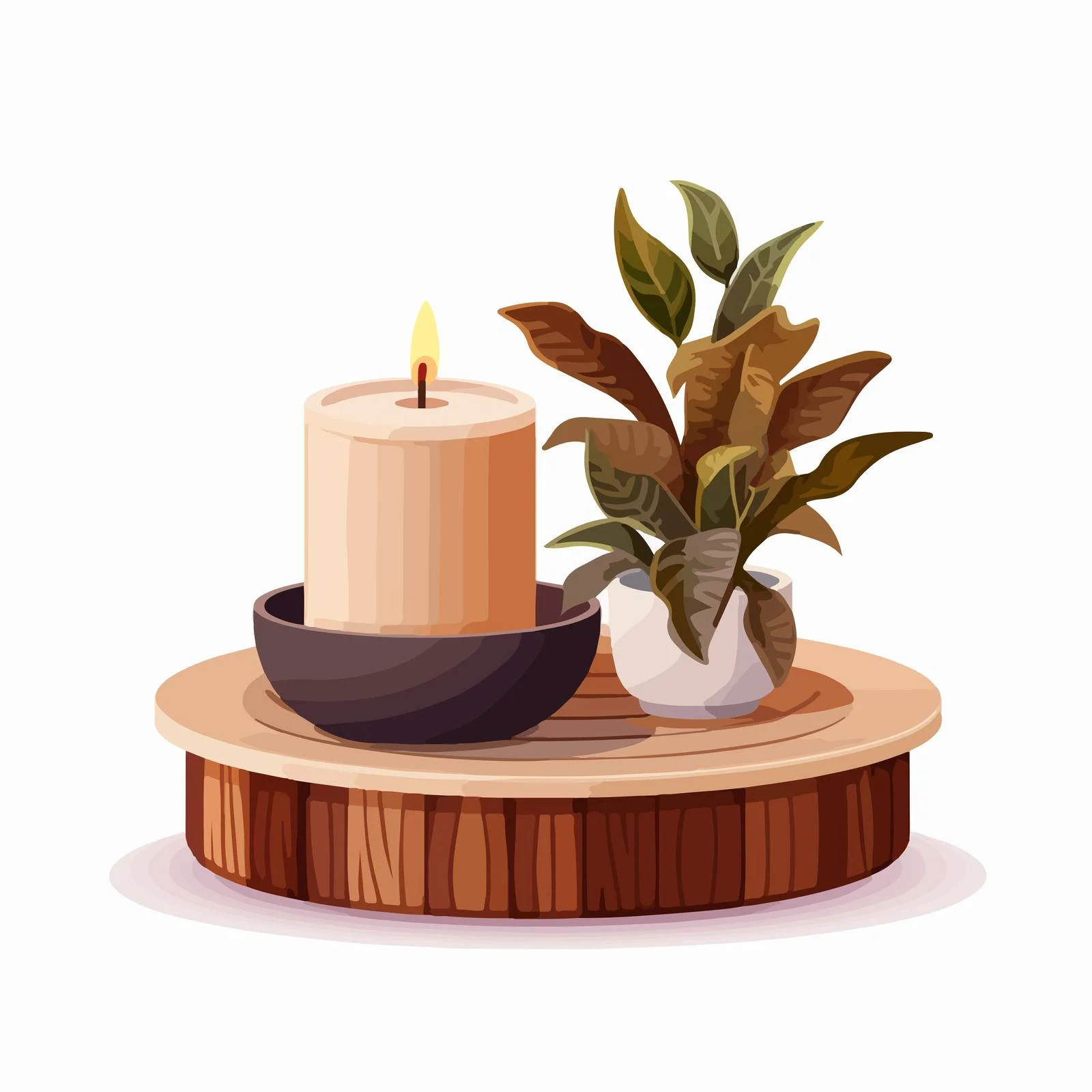 Elegant wooden drum coffee table with plant — free download from Dotvec
