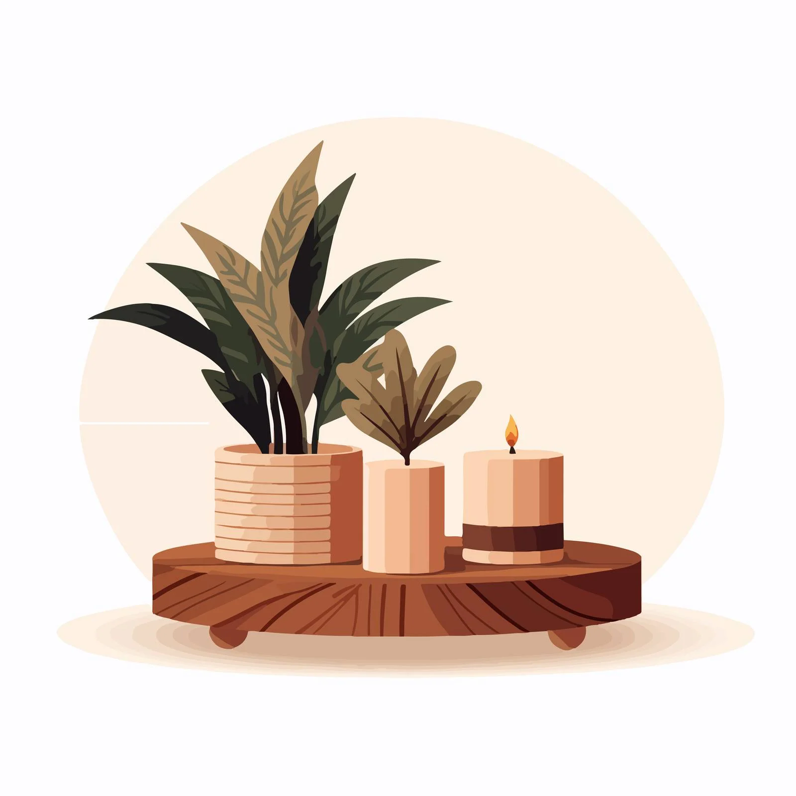 Modern wooden drum coffee table with plant — free download from Dotvec