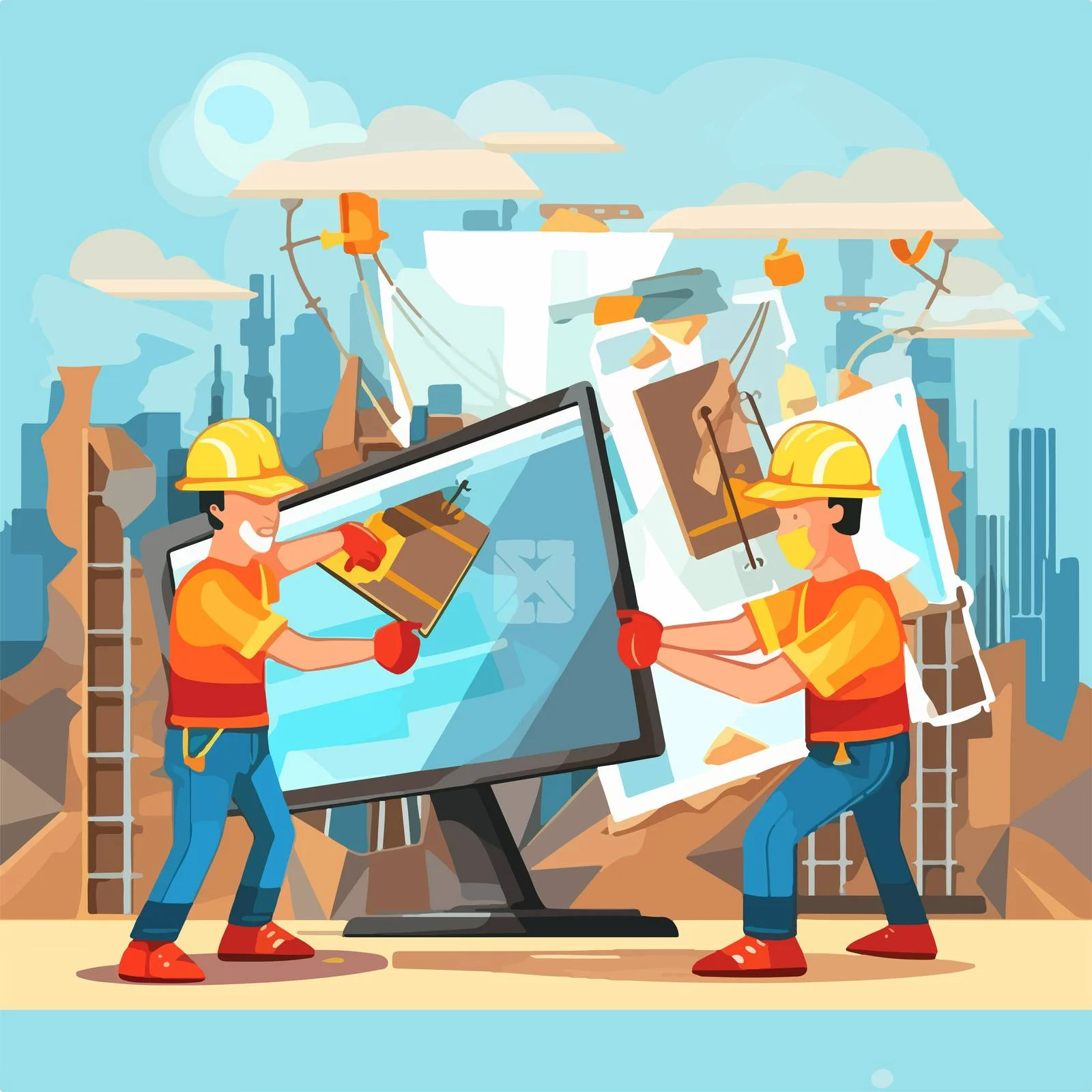 Cartoon construction workers carrying repair tools — free download from Dotvec