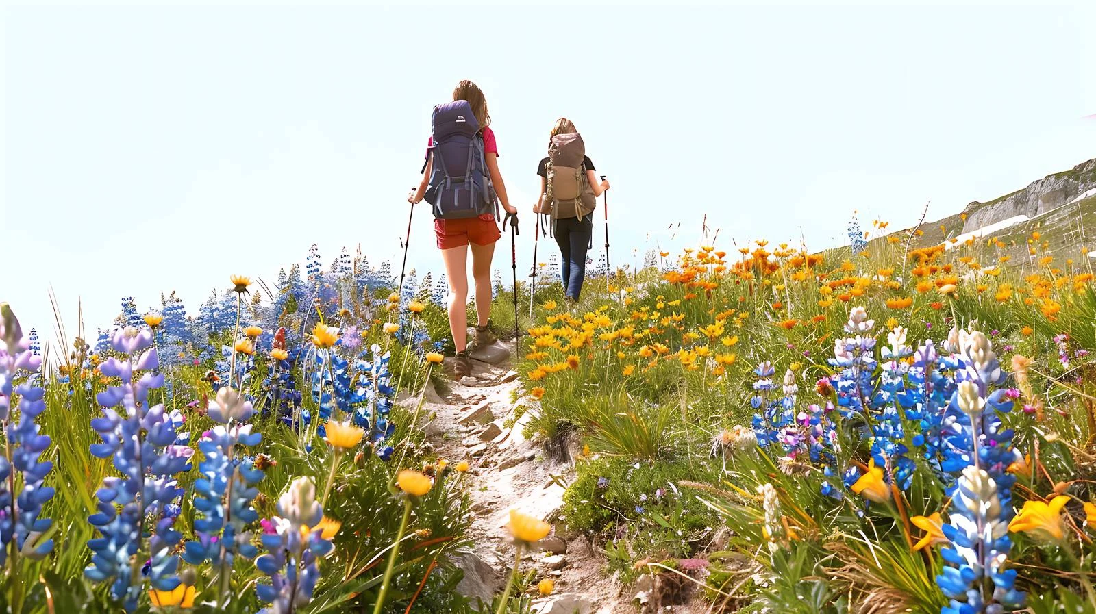 Adventurous women exploring blooming meadow on hike — free download from Dotvec