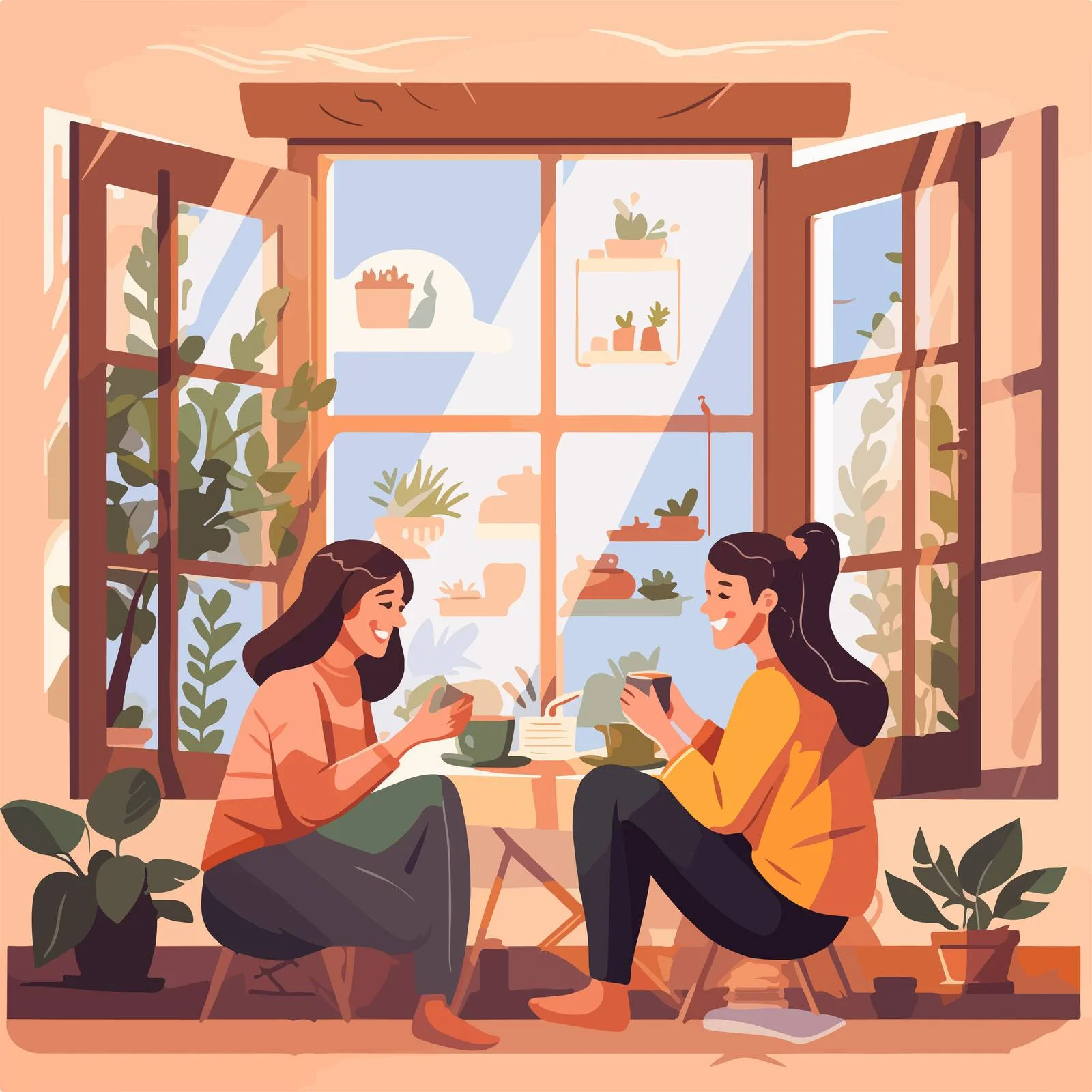 Neighbor women enjoying tea together illustration — free download from Dotvec