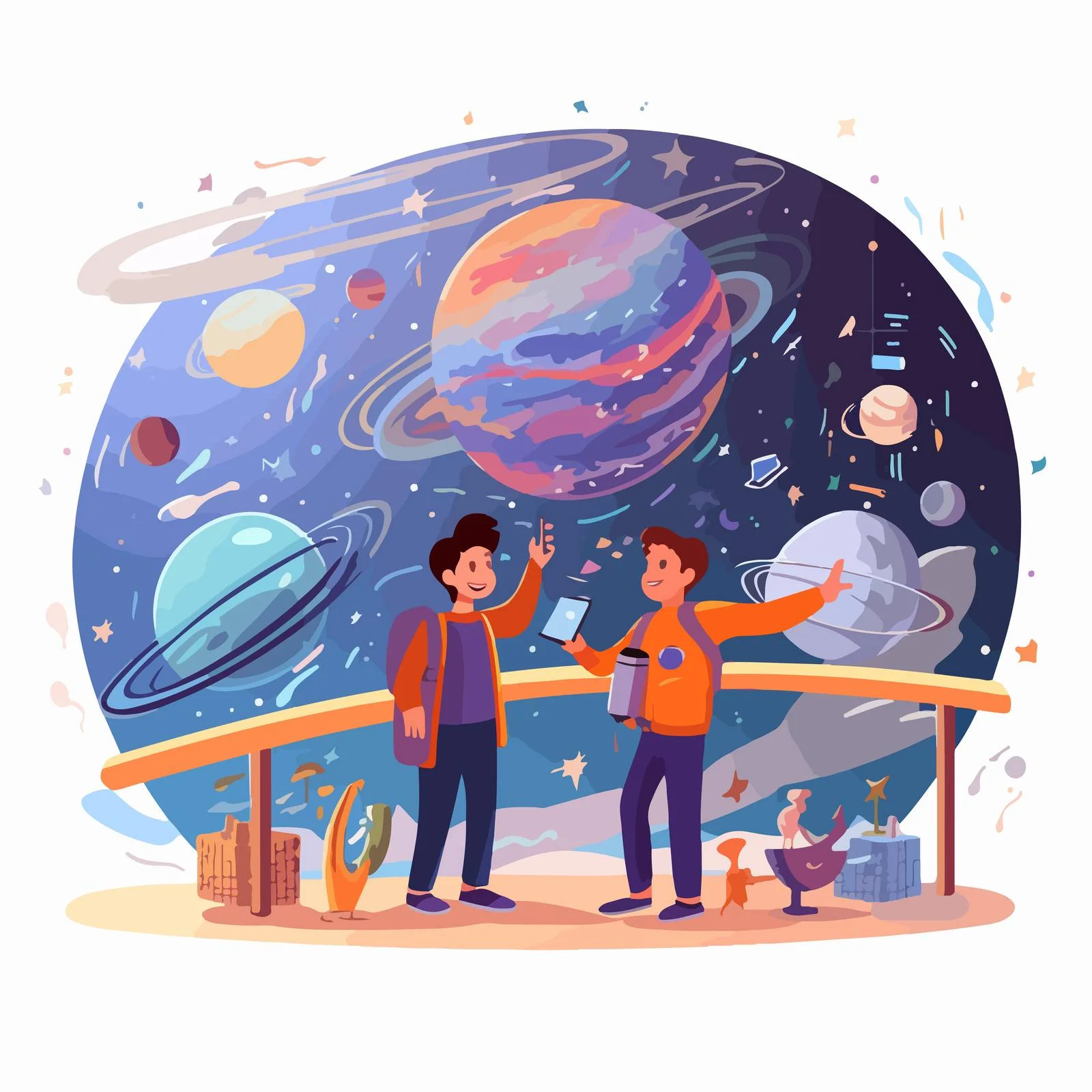 Cartoon schoolboys on astronomical field trip — free download from Dotvec