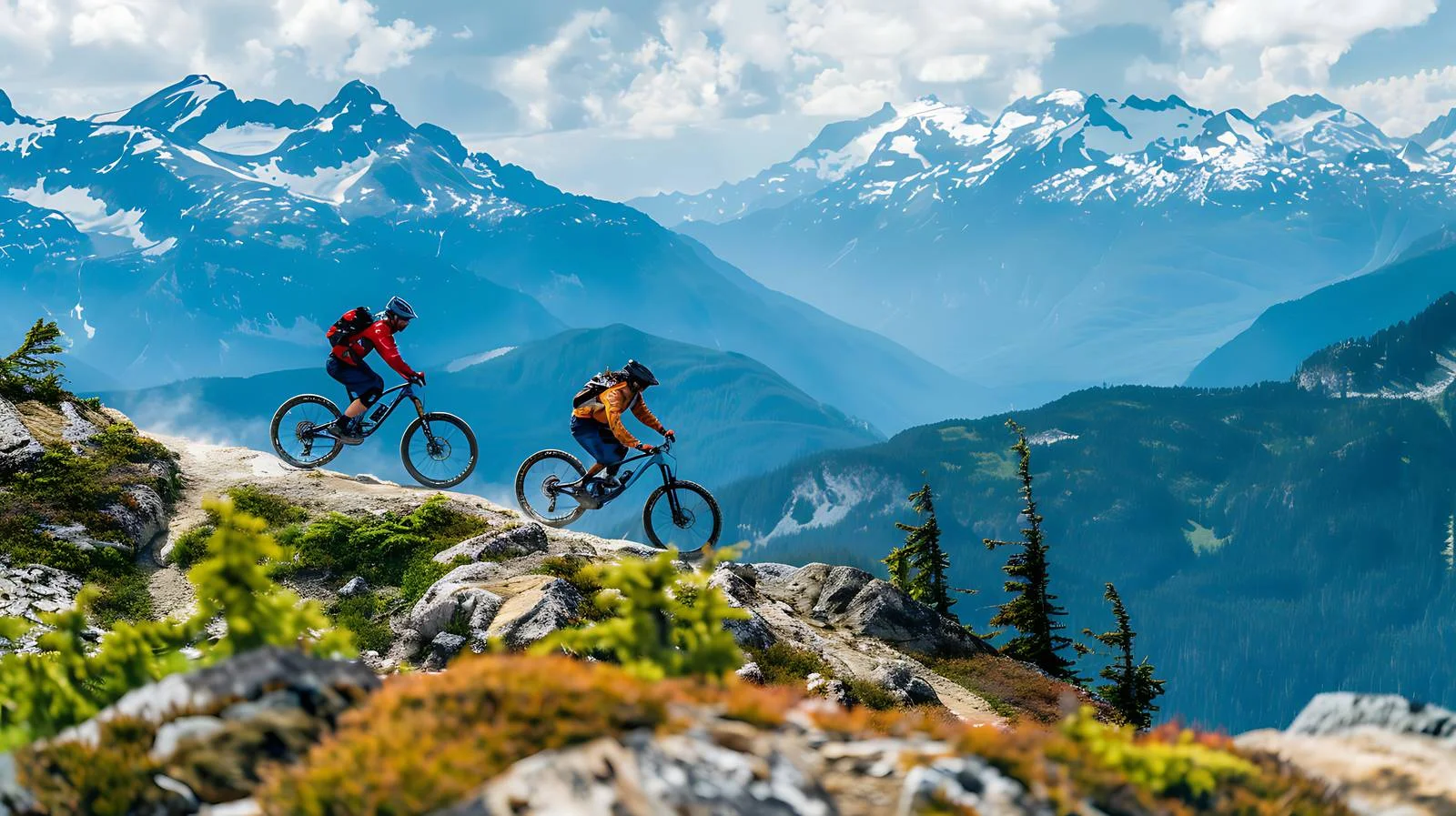 Adventurous duo biking scenic mountain trail — free download from Dotvec