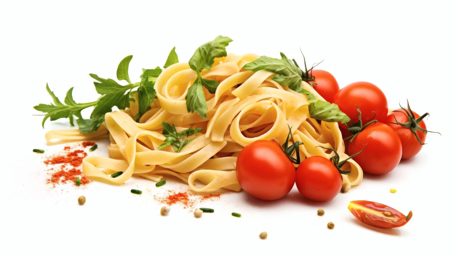 Fresh uncooked pasta, tomatoes and herbs on white background — free download from Dotvec