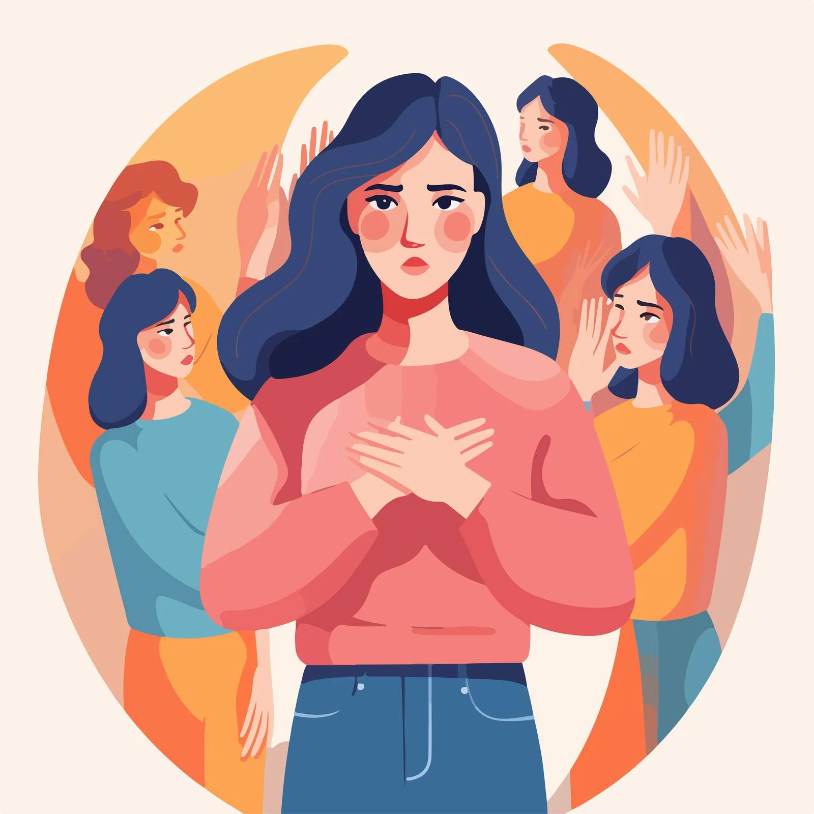 Distressed female encircled by pointing hands — free download from Dotvec