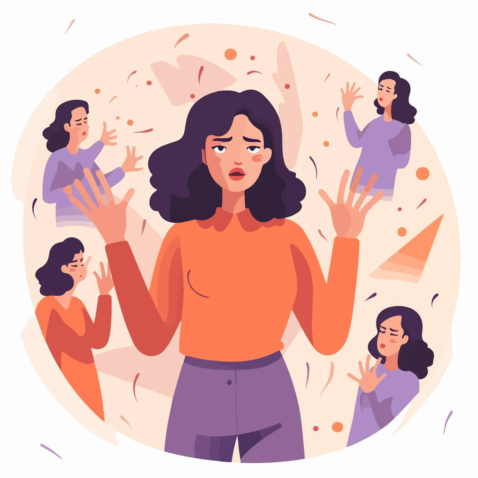 Distressed woman encircled by pointing hands — free download from Dotvec