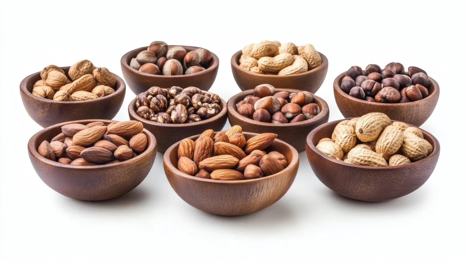 Assorted Nuts in White Bowls on Isolated Background — free download from Dotvec