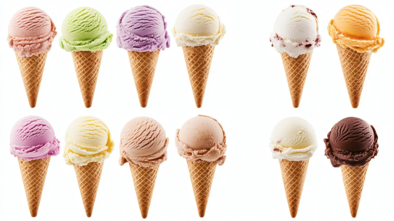 Assorted ice cream scoops in cones on white background — free download from Dotvec